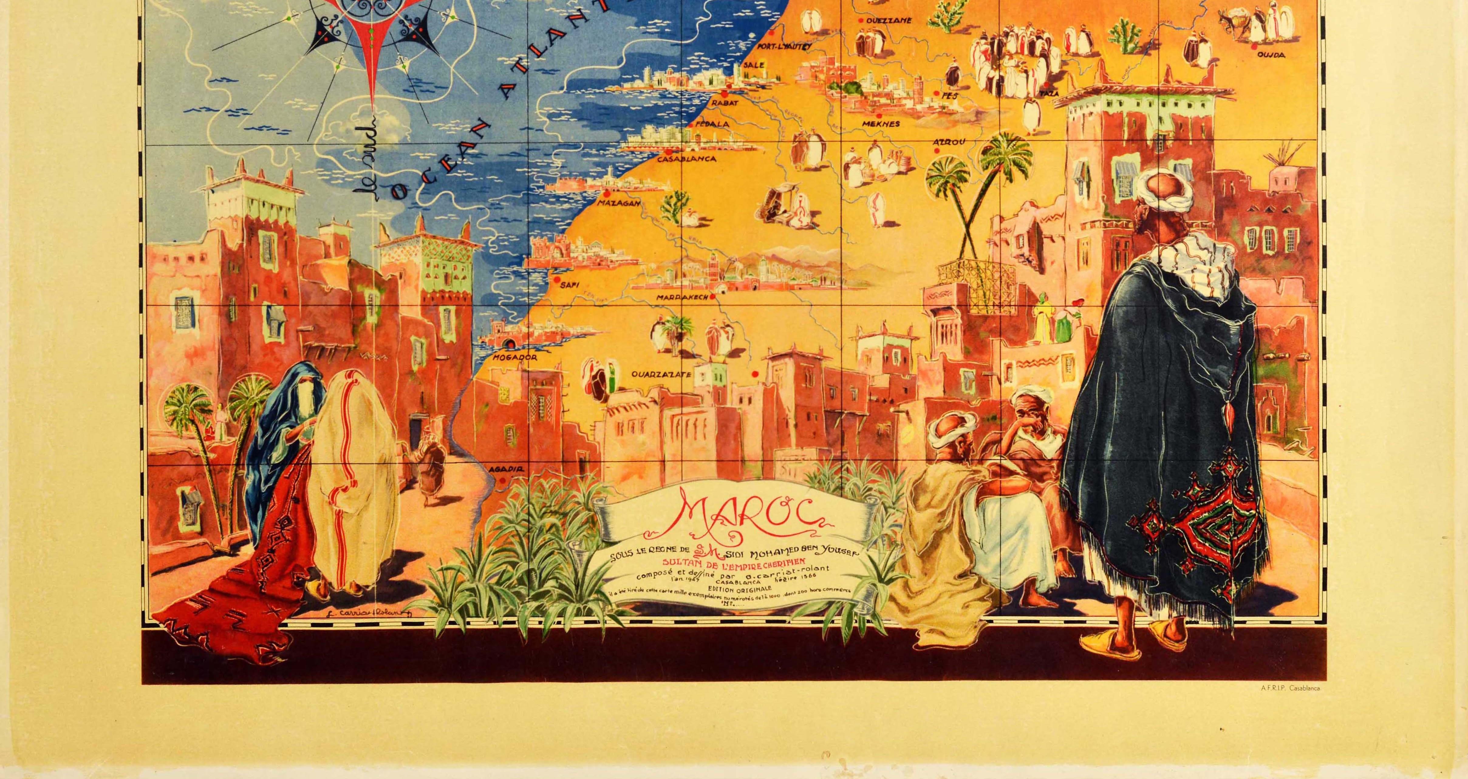 Original Vintage Map Poster Morocco Maroc Regne Sidi Mohamed Ben Yousef Sultan In Good Condition In London, GB