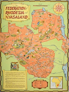 Original Vintage Map Poster The Federation of Rhodesia and Nyasaland Africa