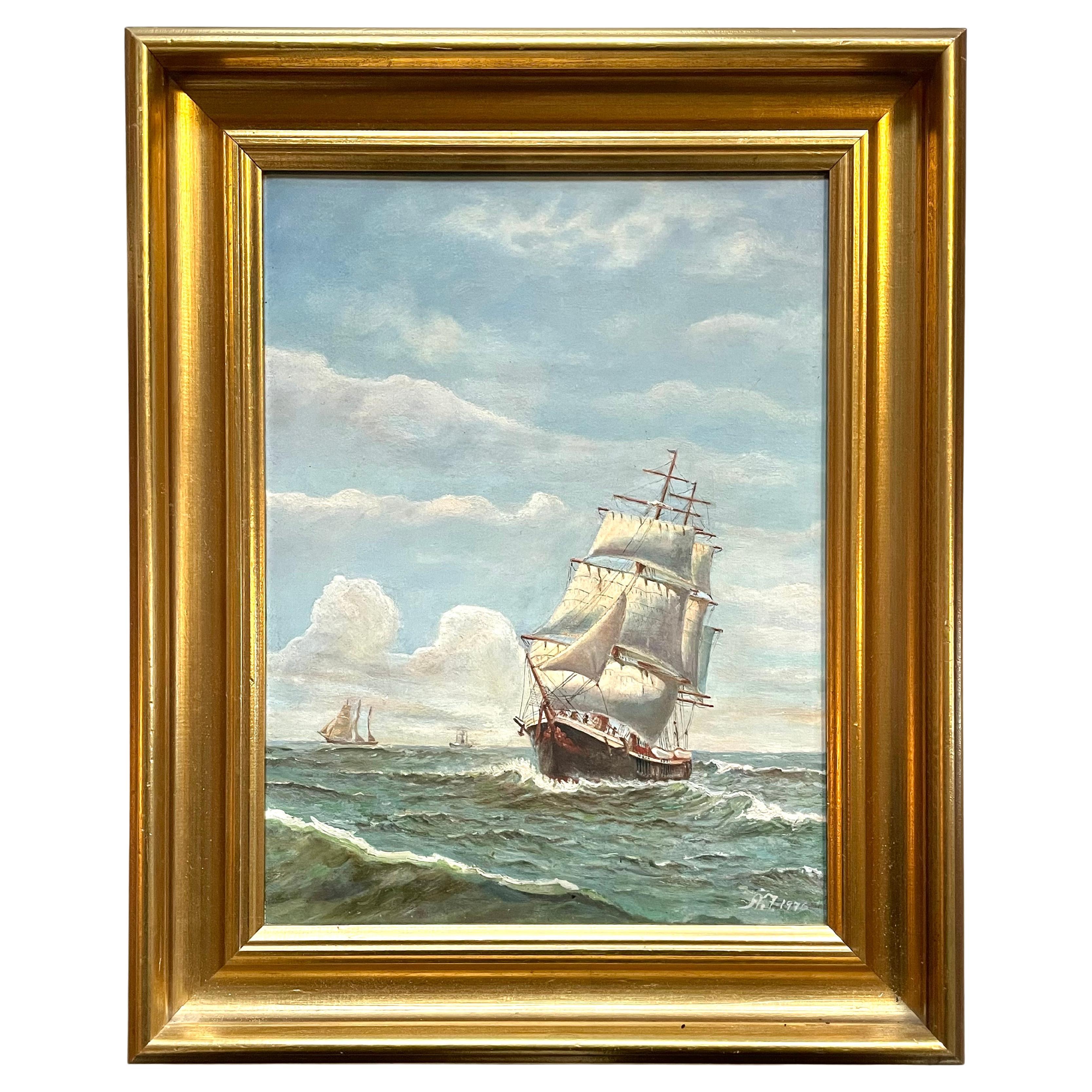 Peinture à l
huile originale vintage de paysage maritime avec des navires coupant les vagues.