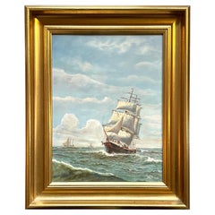 Original vintage maritime seascape oil painting with ships cutting the waves