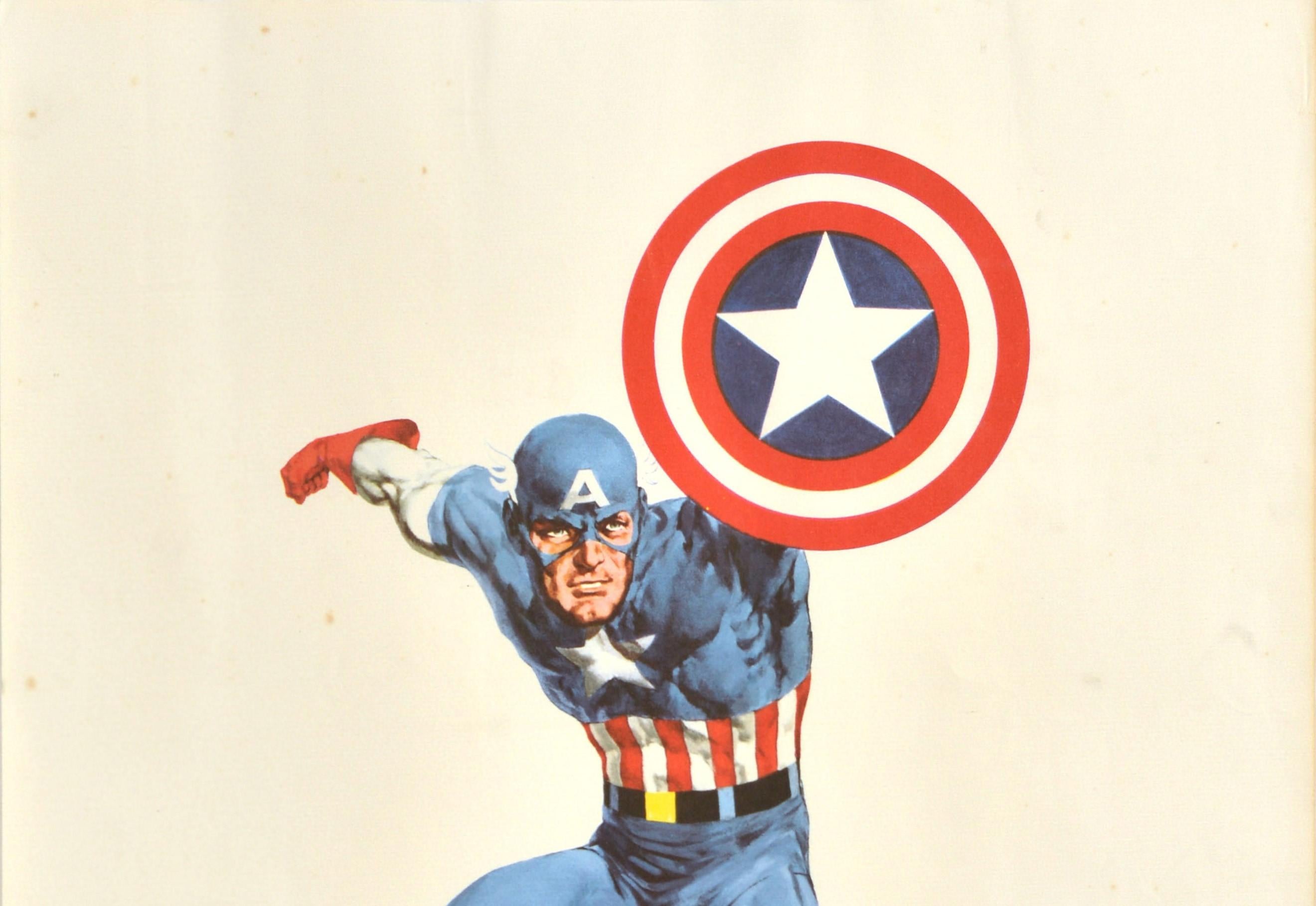 Original vintage animated action adventure movie poster featuring the Marvel Comics superhero Captain America charging forward and holding up his American flag shield with the title in bold green text on the side. Created by cartoonists Joe Simon