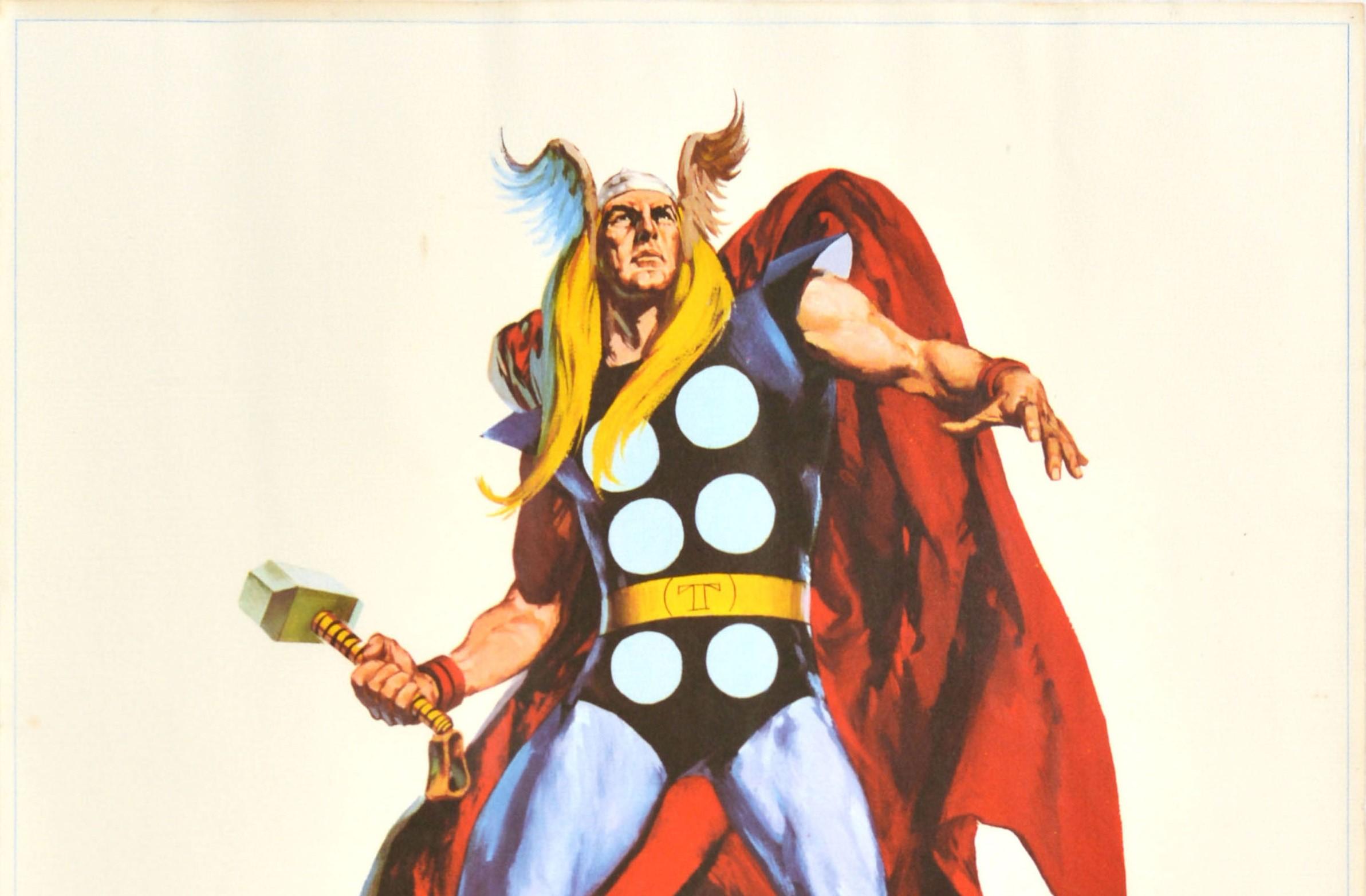 Original vintage animated action adventure movie poster featuring the Marvel Comics superhero Thor wearing his winged helmet and red cape and holding a heavy hammer in one hand, the title in bold green text below. Created by cartoon artist Jack