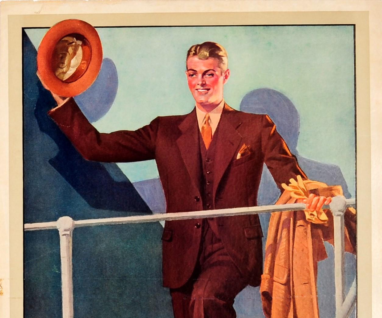 Original vintage men's fashion advertising poster for Schloss Bros. & Co. American department store located in Baltimore and New York specialising in men's suits. Great illustration featuring a smartly dressed young man wearing a brown suit with a