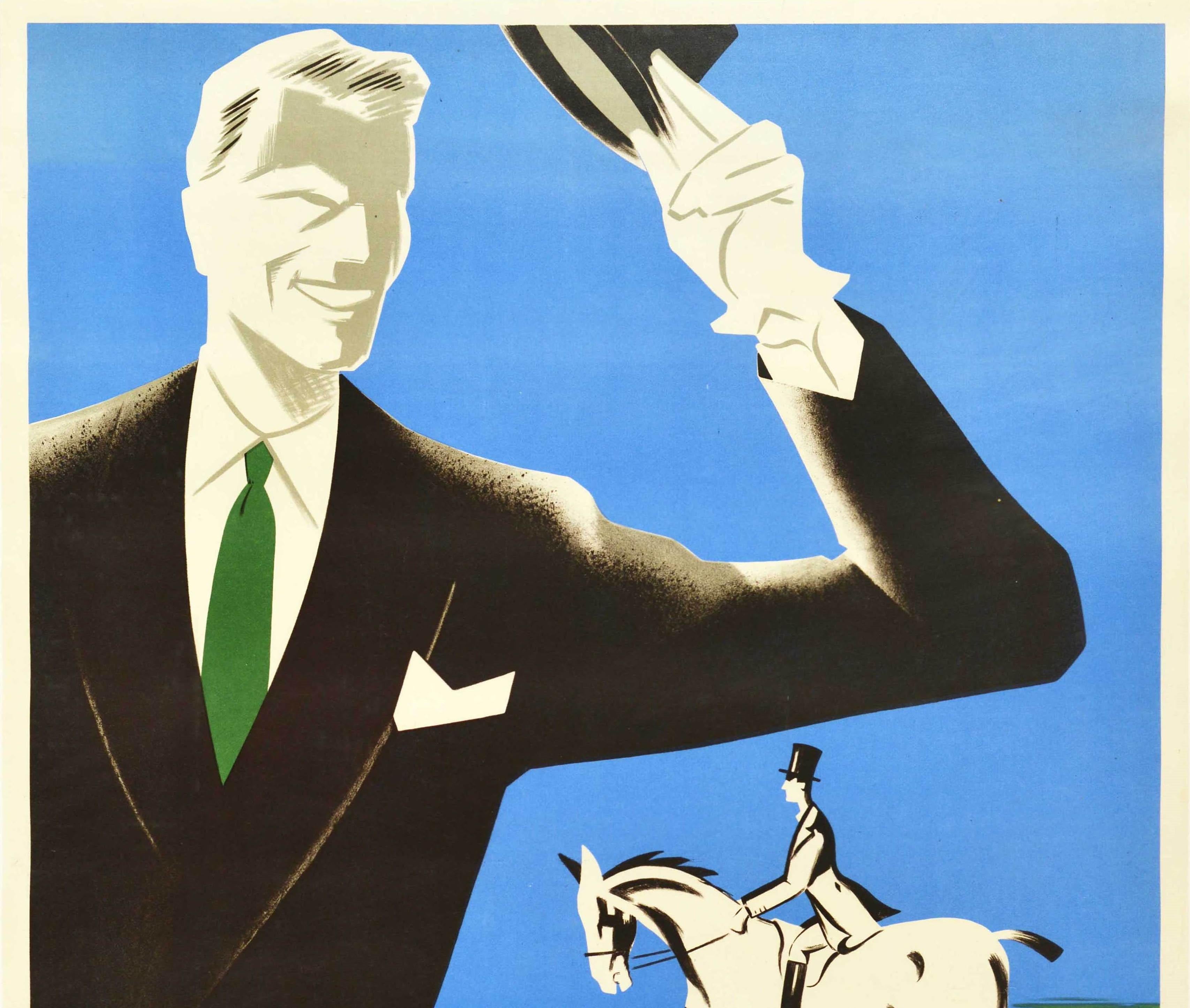 Original vintage men's fashion advertising poster - The clothing that classifies an Epsom man / Le vetement qui classe un homme Epsom - featuring a great Art Deco design depicting a smiling gentleman in a smart suit and green tie, holding up his hat