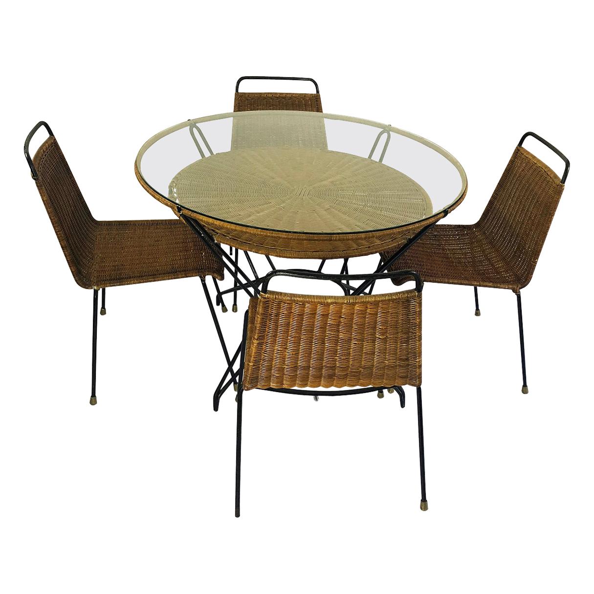 Original Vintage Mexican Rattan and Iron Dinning Set with 4 Chairs