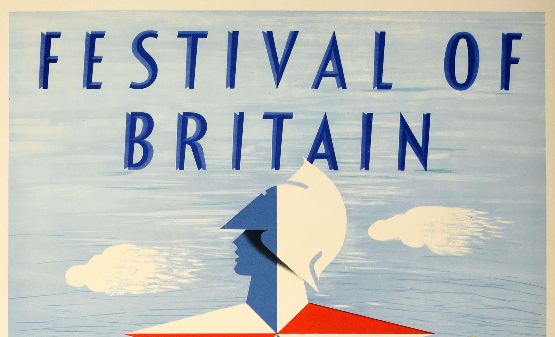 Original vintage travel poster advertising the Festival of Britain 1951 from May 3 - September 30. Great mid century artwork by the notable British graphic designer Abram Games (Abraham Gamse; 1914-1996) depicting the Festival emblem hovering over a