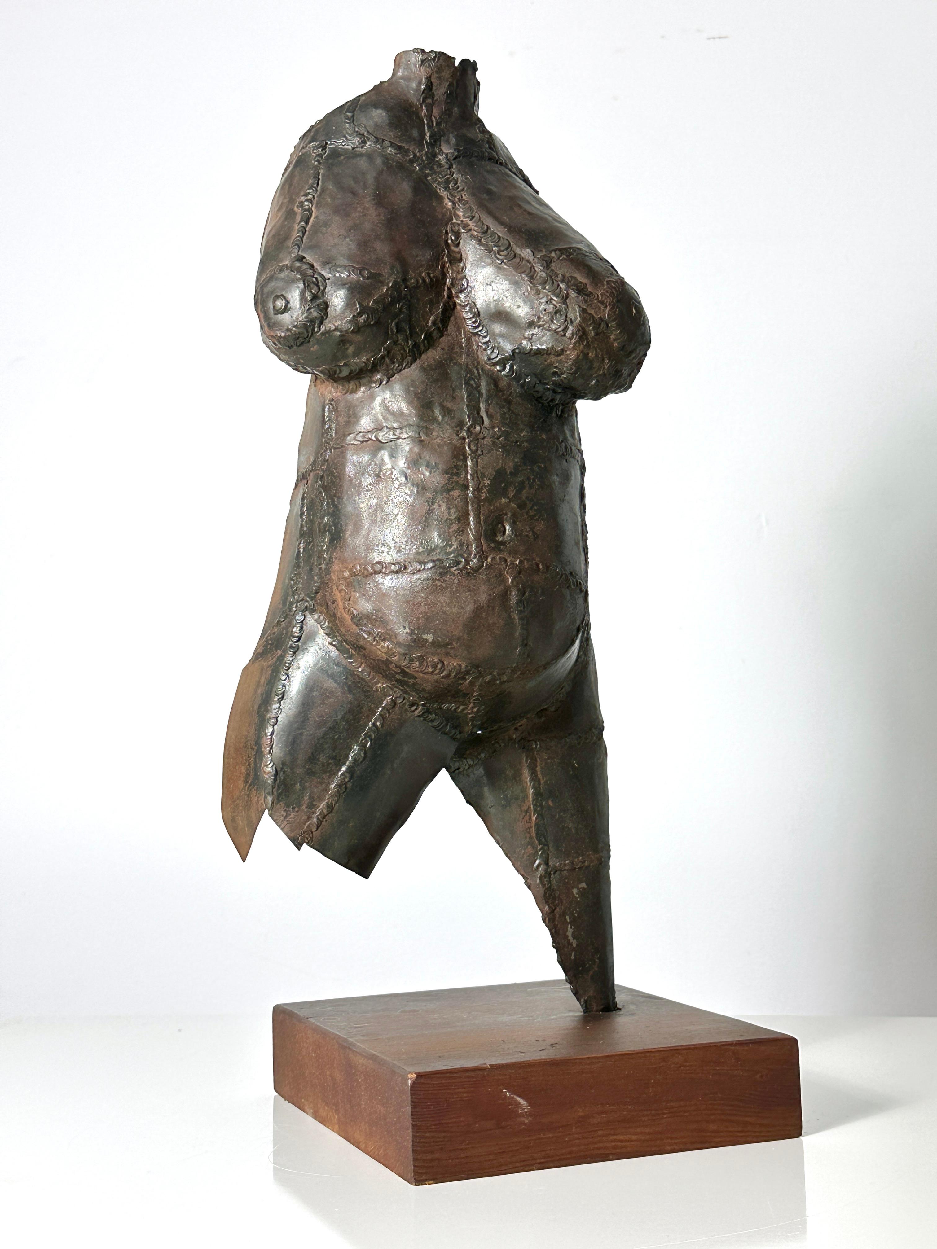 Abstrakte Aktskulptur des Künstlers Fred Scott aus Ohio, ca. 1960er Jahre
Weiblicher Torso, aus geschweißtem Stahl geformt und auf einen Holzsockel montiert
Erworben aus dem Nachlass des Künstlers
Original-Ausstellungsetikett am Sockel