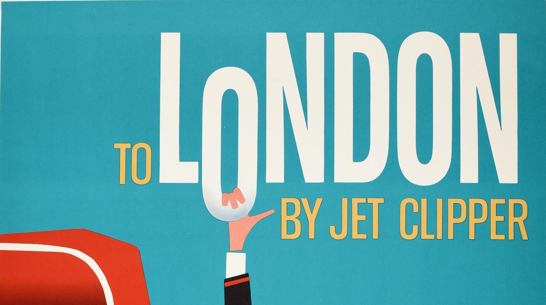 Original vintage travel poster - To London by Jet Clipper Pan Am World's Most Experienced Airline - featuring a fantastic Mid-Century Modern design against a blue background of a red double decker London bus with the smiling conductor in uniform