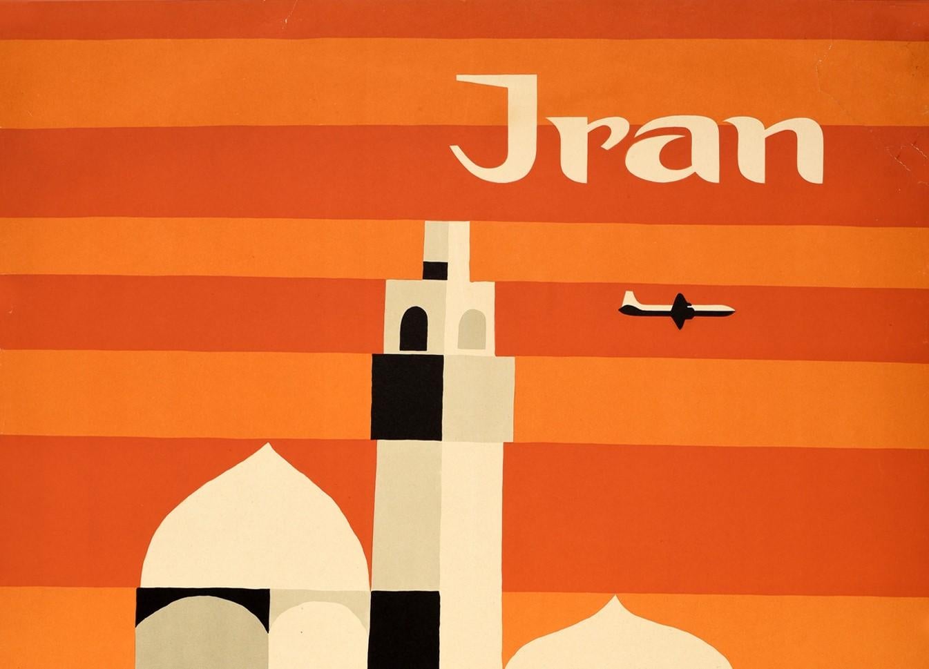 Original vintage air travel poster advertising flights to Iran issued by Alitalia featuring a great graphic design depicting traditional Iranian architecture in shades of black and white against a striped orange background with a plane flying in the