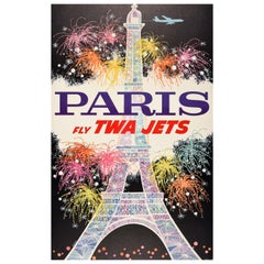 Original Vintage Mid Century Travel Poster Paris Fly TWA Jets Ft. Eiffel Tower