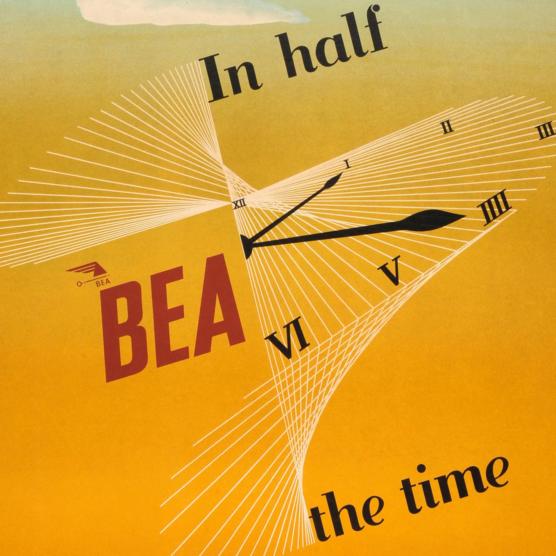 Affiche publicitaire originale pour British European Airways - Business Abroad In Half The Time BEA Takes You There And Brings You Back - présentant un dessin coloré moderne du milieu du siècle sur un fond jaune sable d'une horloge en forme de