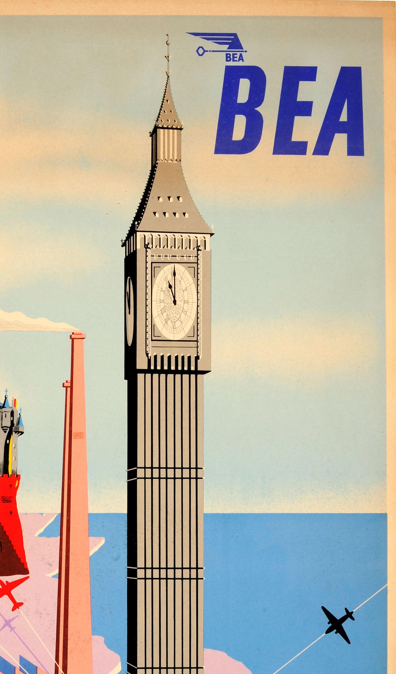 British Original Vintage Midcentury Design Travel Poster - BEA Great Britain Via London