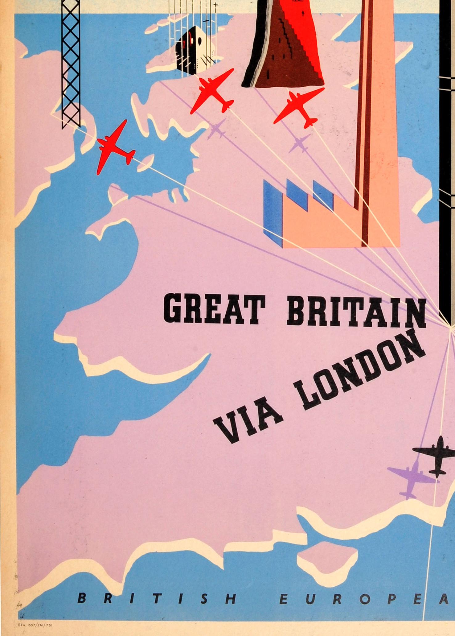 Mid-20th Century Original Vintage Midcentury Design Travel Poster - BEA Great Britain Via London