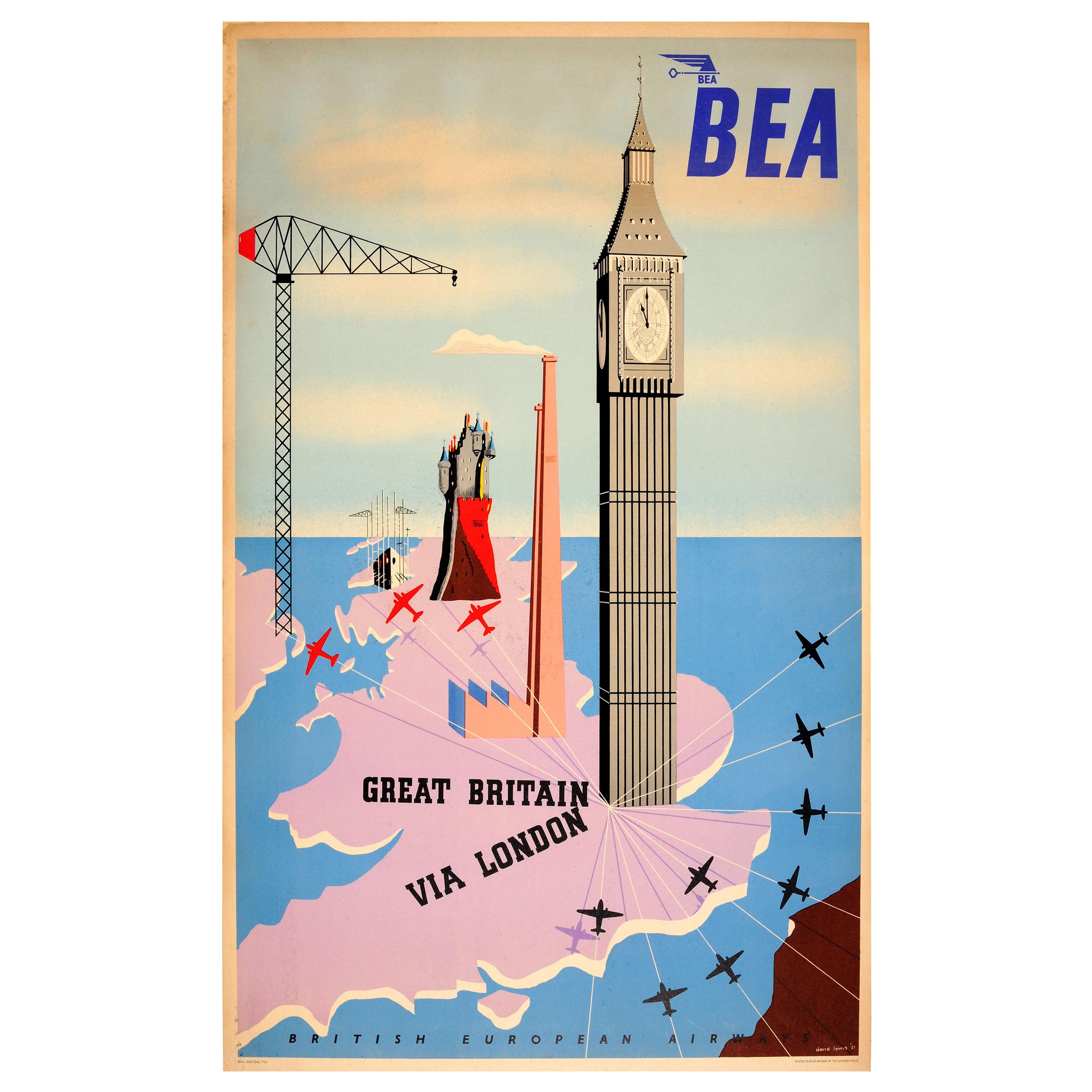 Original Vintage Midcentury Design Travel Poster - BEA Great Britain Via London