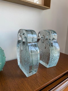 Original Vintage Midcentury Glass Owl Bookends by Blenko
