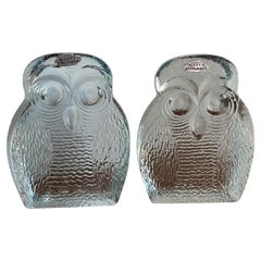 Original Vintage Midcentury Glass Owl Bookends by Blenko