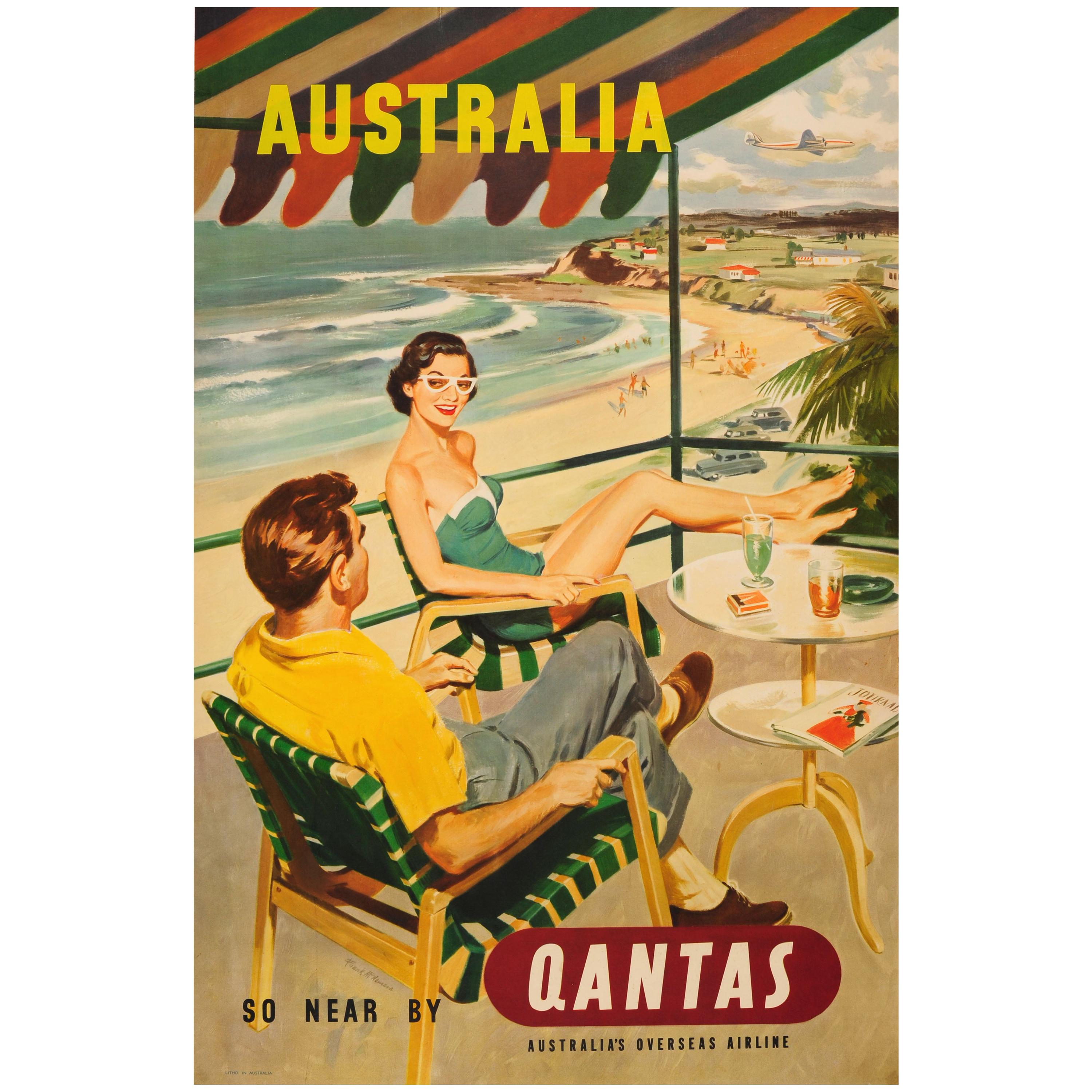Original Vintage Midcentury Travel Poster - Australia So Near by Qantas Airline