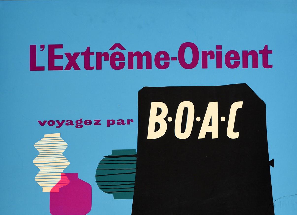 Original vintage travel poster advertising L'Extreme-Orient Voyagez par BOAC / Far East Fly by BOAC. Great mid-century design featuring the back of a rickshaw numbered 326 in the foreground and a person in a white outfit and hat pulling another