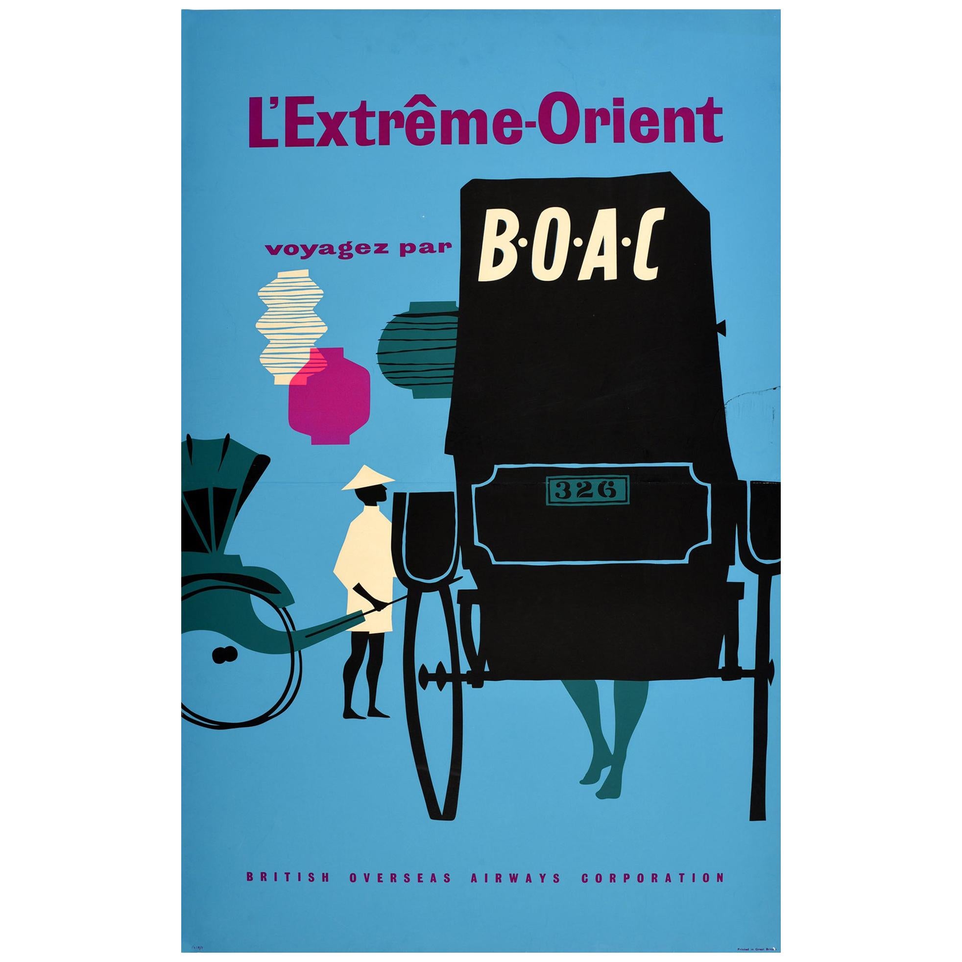 Original Vintage Midcentury Travel Poster Far East Fly by BOAC L'Extreme-Orient