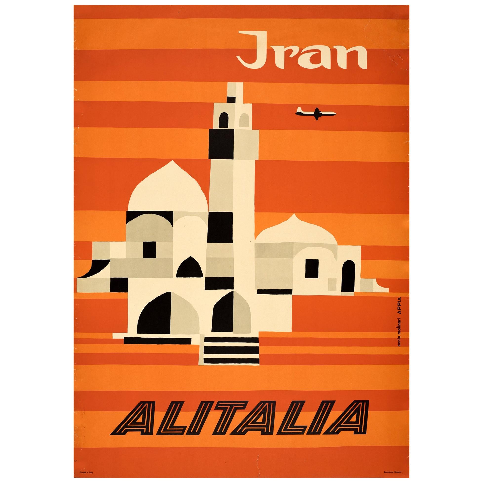 Original Vintage Midcentury Travel Poster for Iran by Alitalia Graphic Design