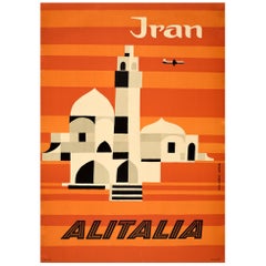 Original Vintage Midcentury Travel Poster for Iran by Alitalia Graphic Design