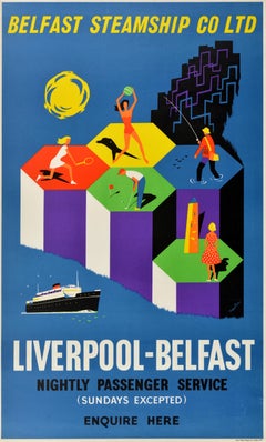 Original Vintage Midcentury Travel Poster Liverpool Belfast Steamship Co Ferry