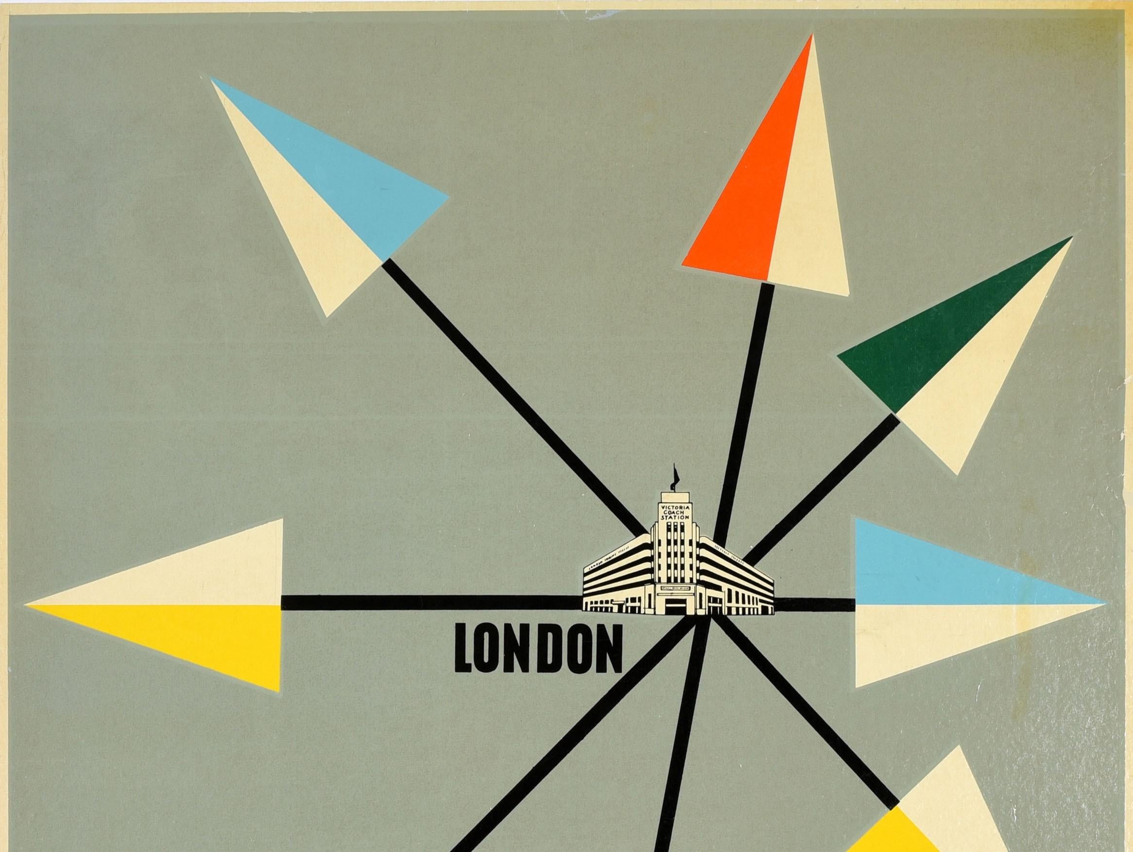 Original vintage travel poster - For your journey from London onwards many connecting services from Victoria Coach Station - featuring a great mid-century modern illustration of the Art Deco architecture style Victoria Coach Station (opened 1932)