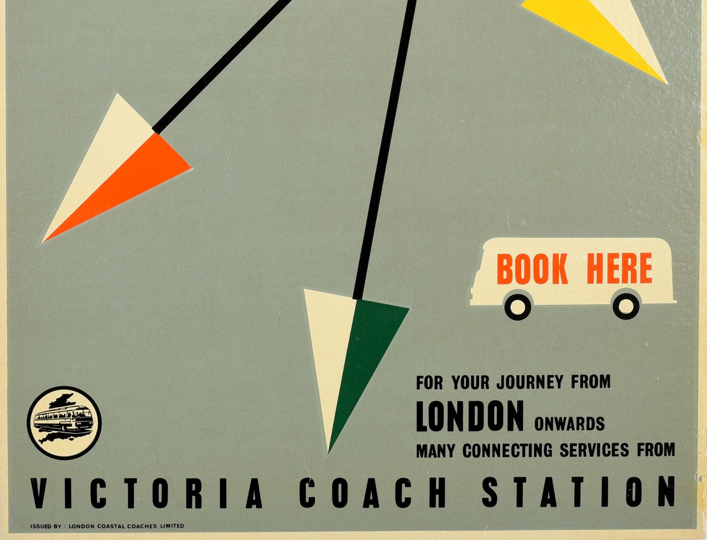 Mid-Century Modern Affiche de voyage vintage d'origine du milieu du siècle dernier, London Victoria Coach Station, Art Deco en vente