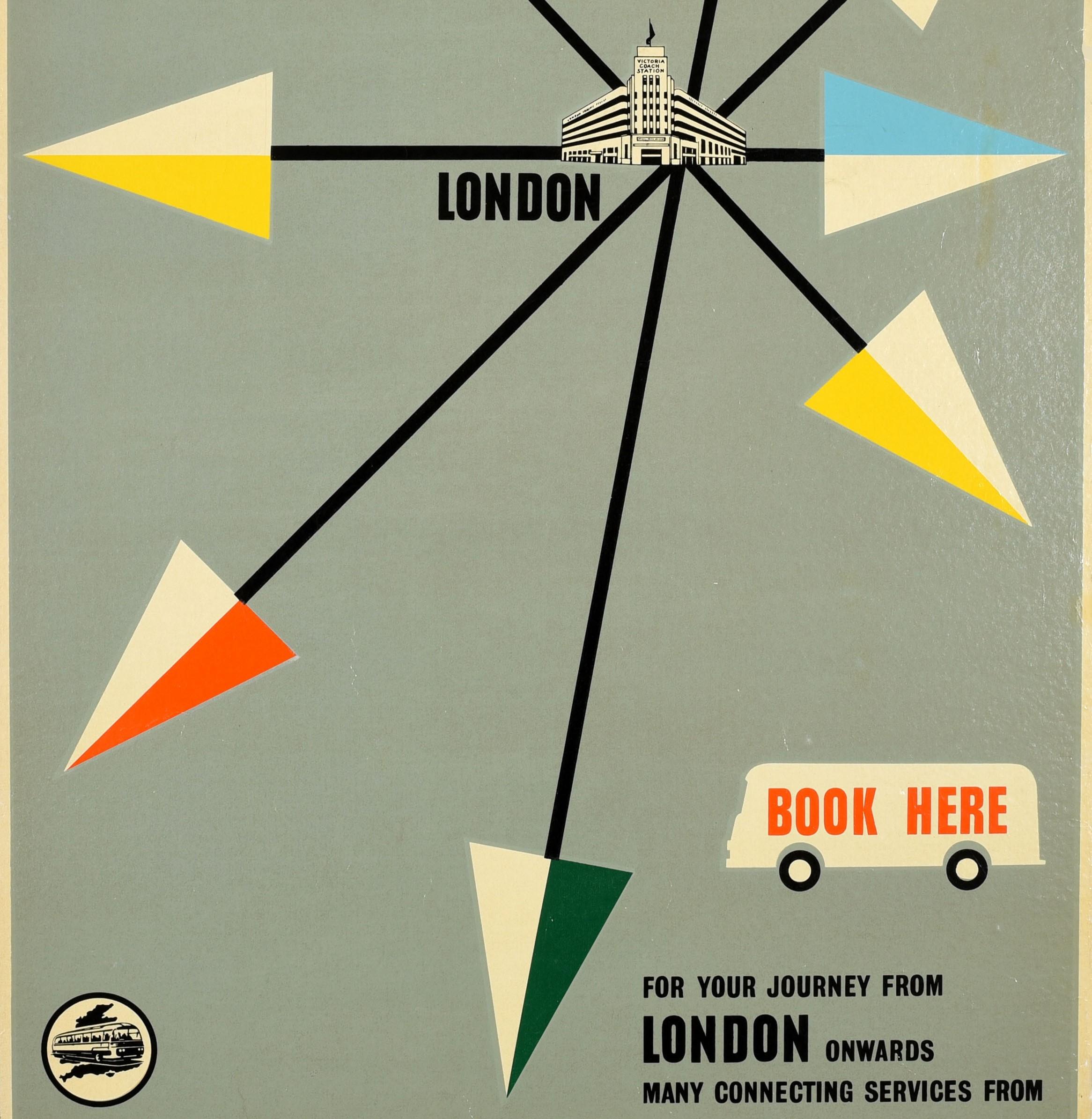 Britannique Affiche de voyage vintage d'origine du milieu du siècle dernier, London Victoria Coach Station, Art Deco en vente