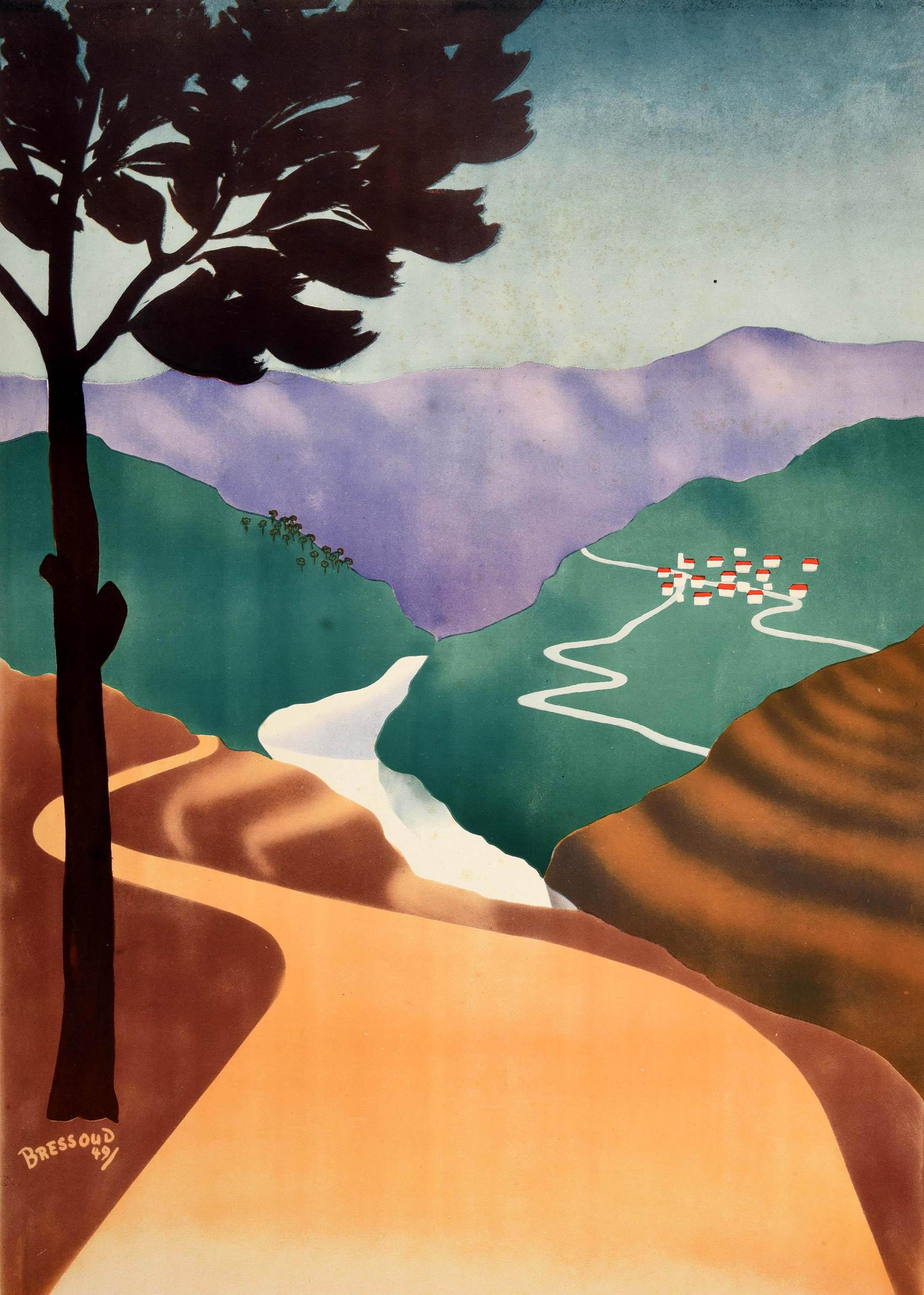 Original Vintage Nahost-Reiseplakat für den Libanon - To The Cool Mountain Air The Lebanese Way - mit einer malerischen Darstellung eines Weges, der sich durch die Landschaft in die Ferne schlängelt, mit sanften Hügeln und einem Fluss, der durch ein