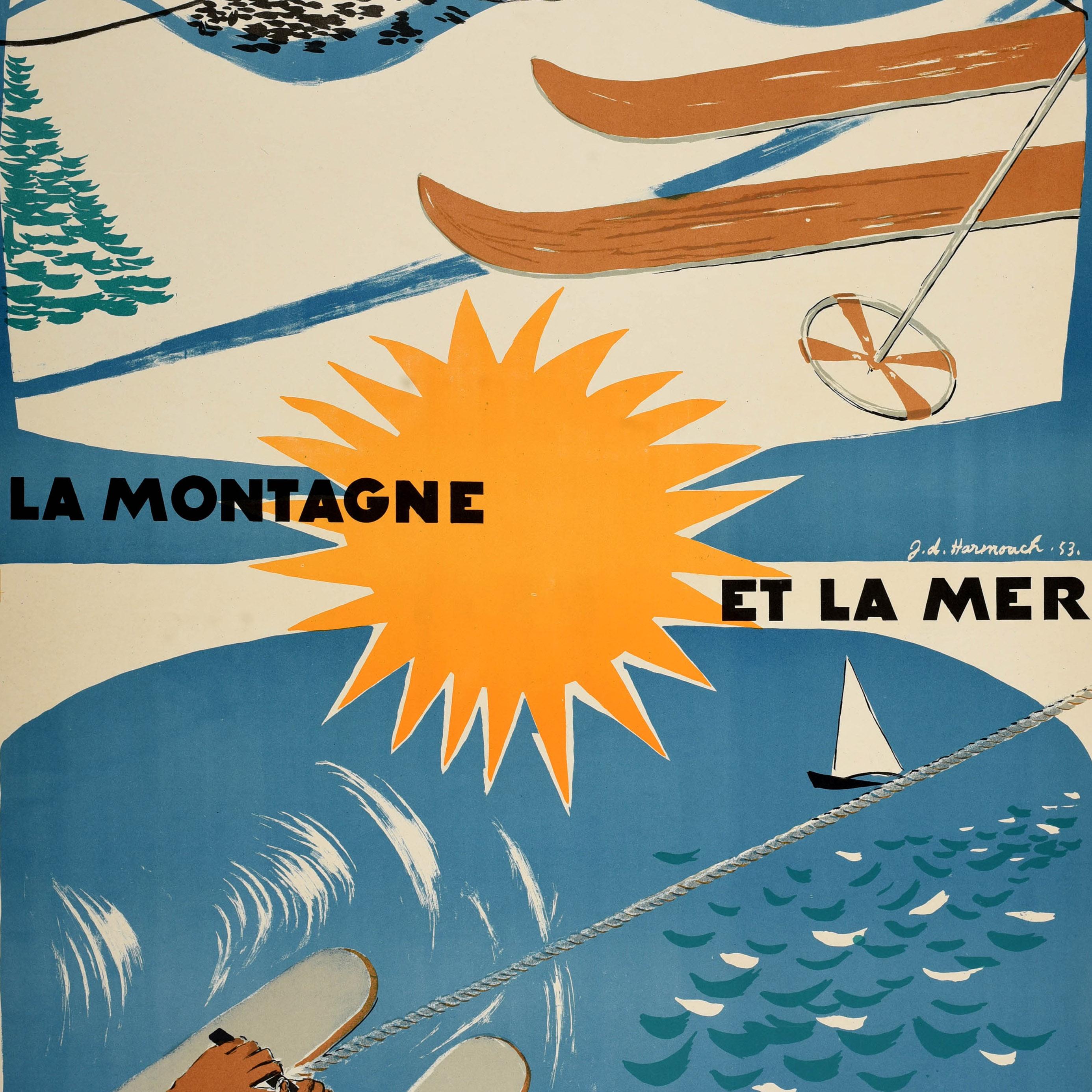 Original vintage Middle East travel poster - Au Liban La Montagne et la Mer avec le Soleil / In Lebanon The Mountain and the Sea with the Sun - featuring two sport illustrations of winter skiing and summer watersports on blue backgrounds depicting a