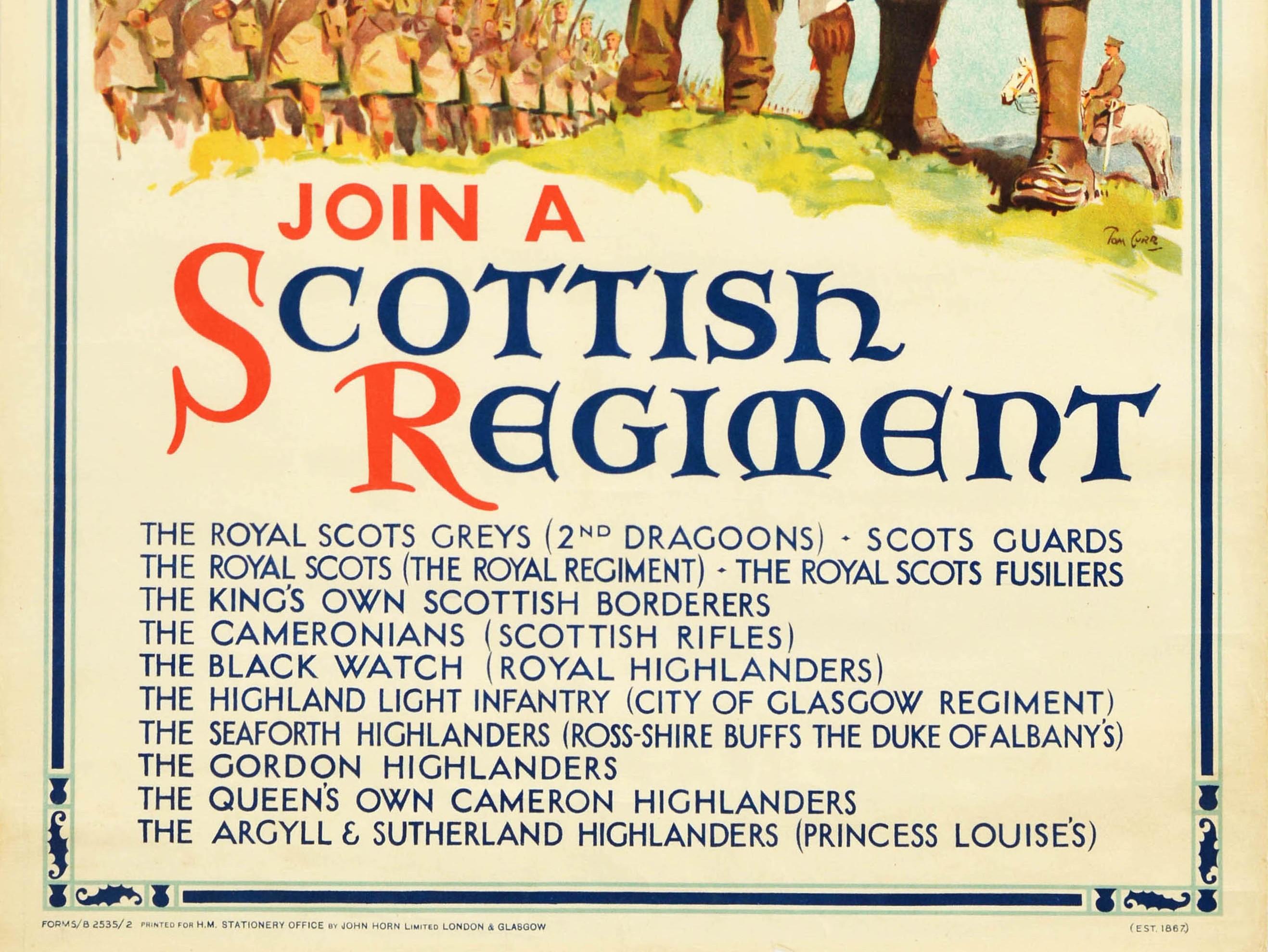 Britannique Affiche vintage d'origine de l'armée militaire Rejoignez un régiment écossais pour toujours en vente