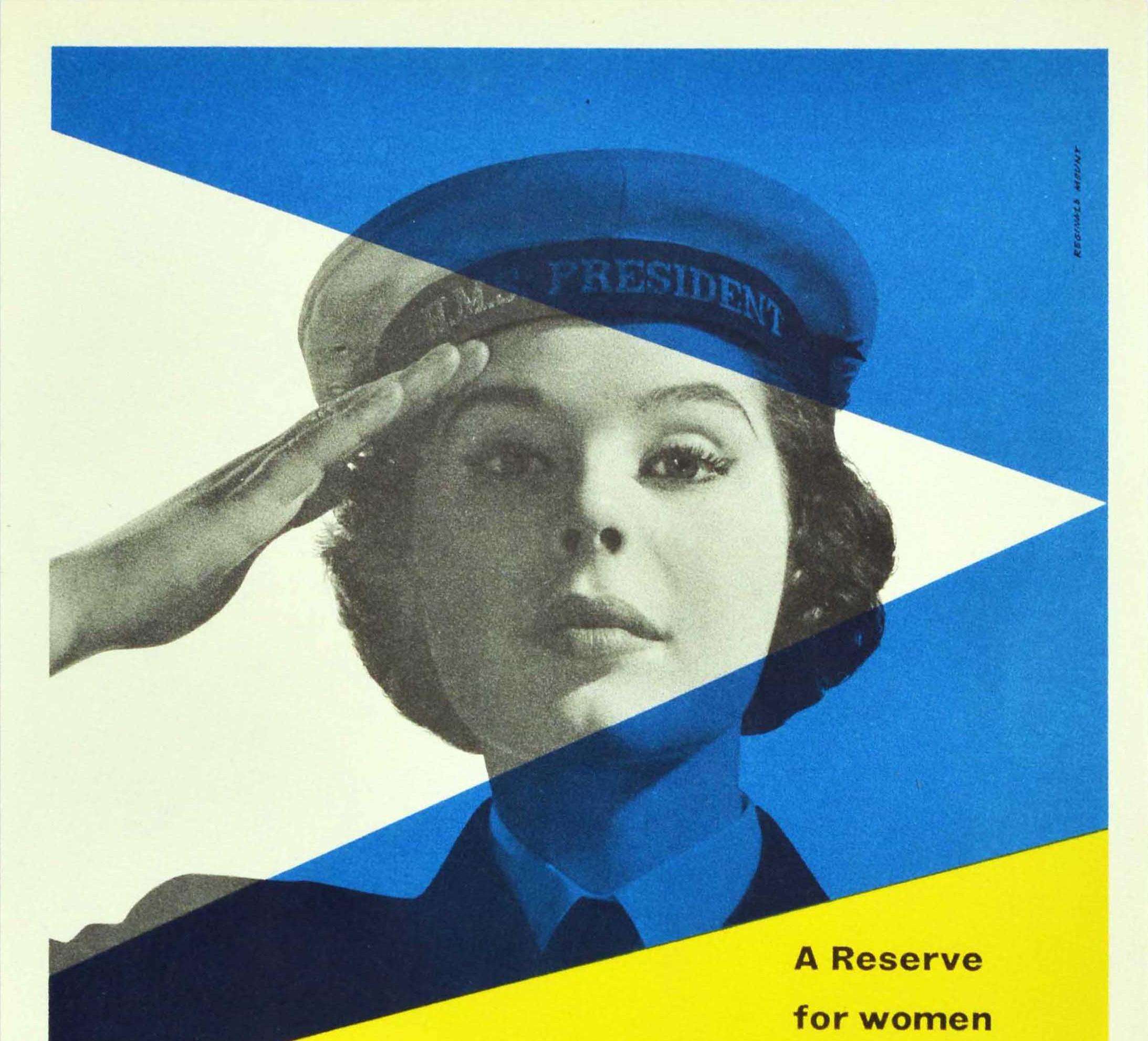 Original vintage military recruitment poster for the Wrnvr a reserve for women who wish to serve with the Royal Navy featuring a great design with a black and white photograph of a young lady in navy uniform saluting her HMS President hat behind