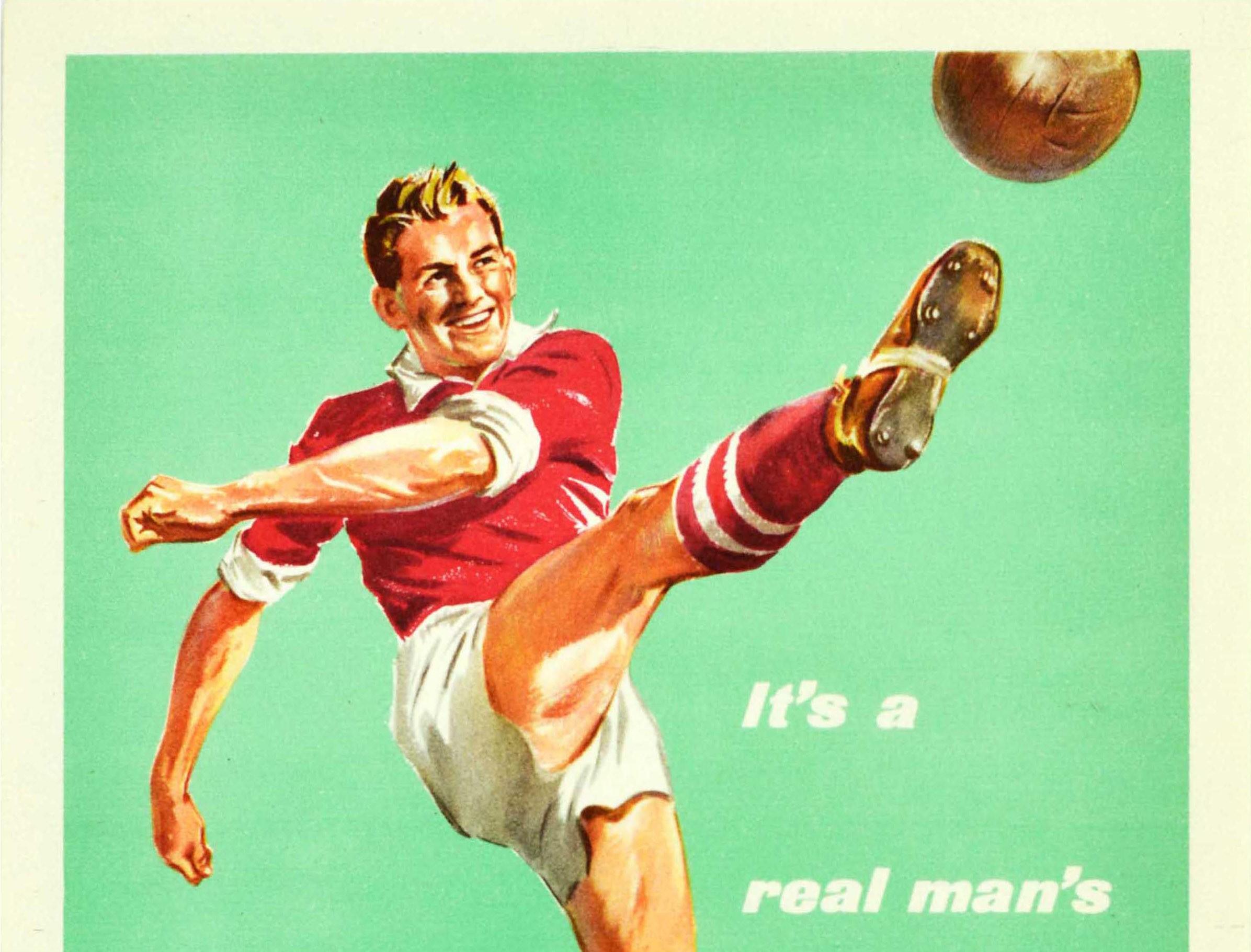 Original vintage British Army military recruitment poster - Join the Regular Army - featuring a smiling man in a red and white football kit kicking a ball against a pale green background next to the slogan in white - It's a real man's life - and the