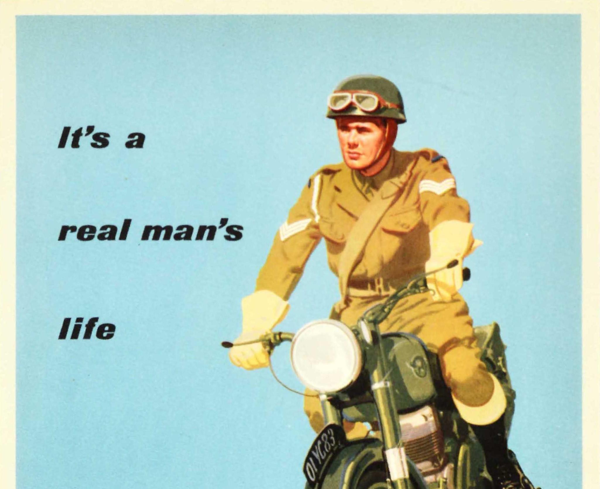 Original vintage British military recruitment poster - It's a real man's life Join the Regular Army - featuring a man in uniform on a motorcycle against a blue background with the text on the side and below. Prepared for the War Office by the