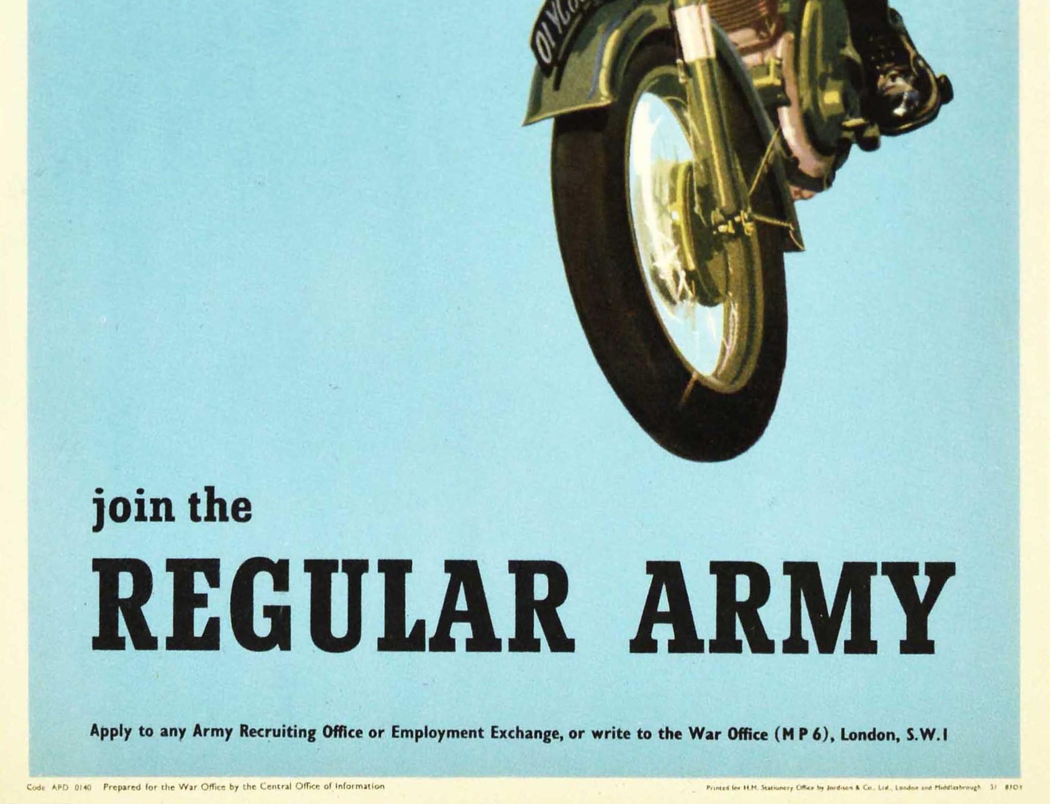 British Original Vintage Military Poster Join The Regular Army Real Man's Life Motorbike