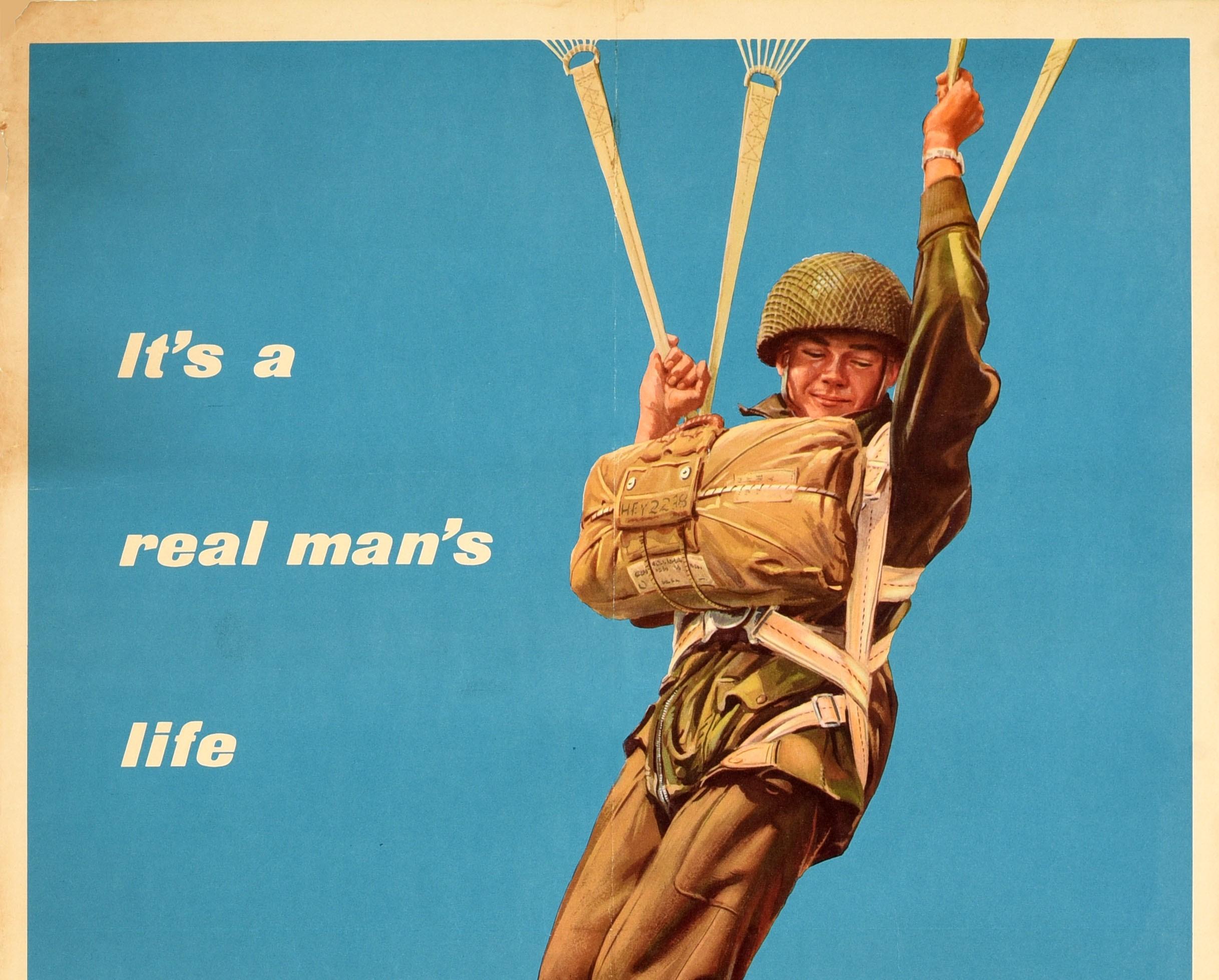 Original vintage British Army recruitment poster - Join the Regular Army - featuring a soldier in military uniform dropping through the sky with a parachute against a blue background next to the slogan in white letters: It’s a real man's life.