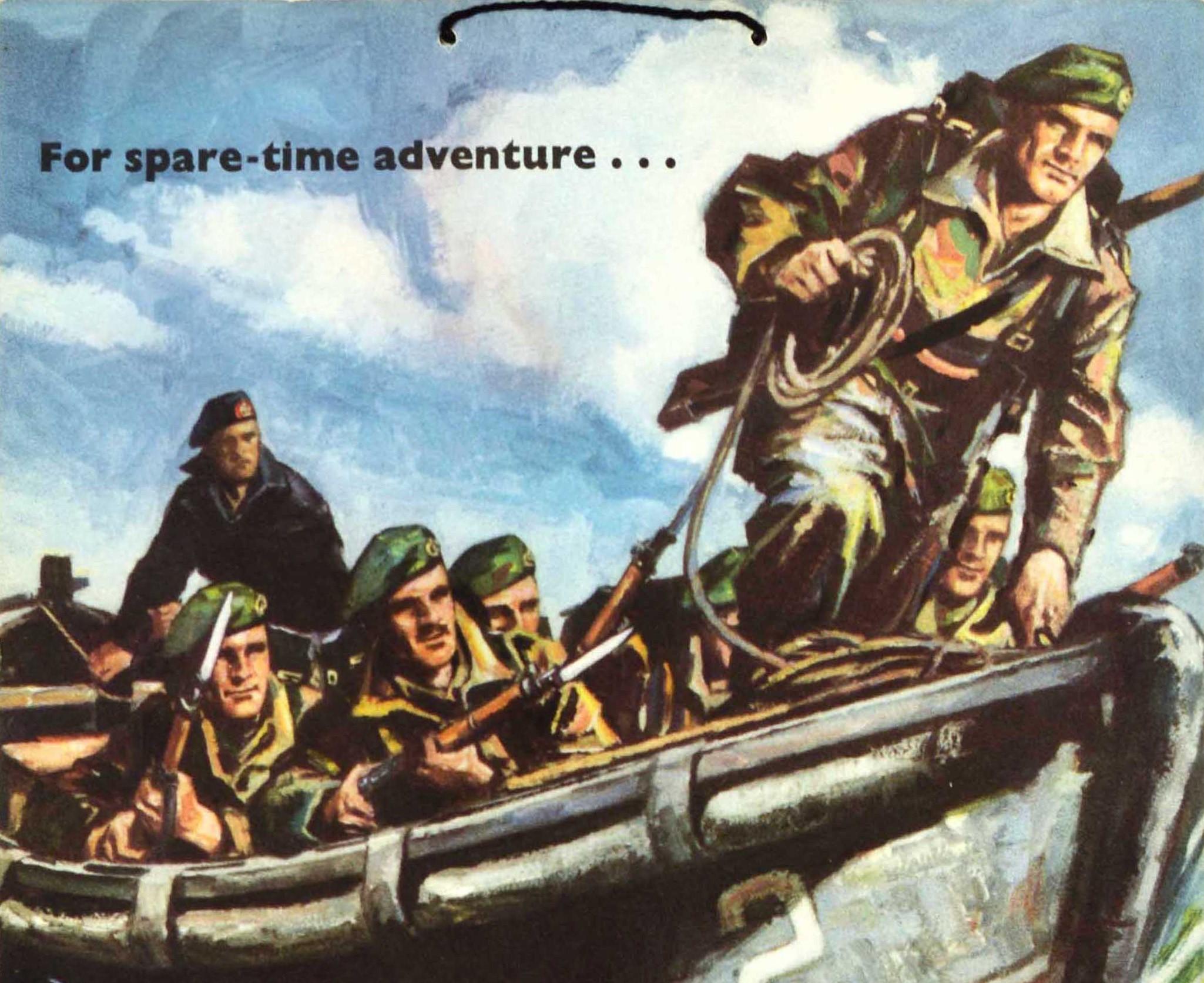 Original vintage recruitment poster - For spare time adventure... Royal Marines Forces Volunteer Reserve - featuring dynamic artwork depicting soldiers in military uniform armed with bayonet rifle guns in a navy speed boat with a man standing at the