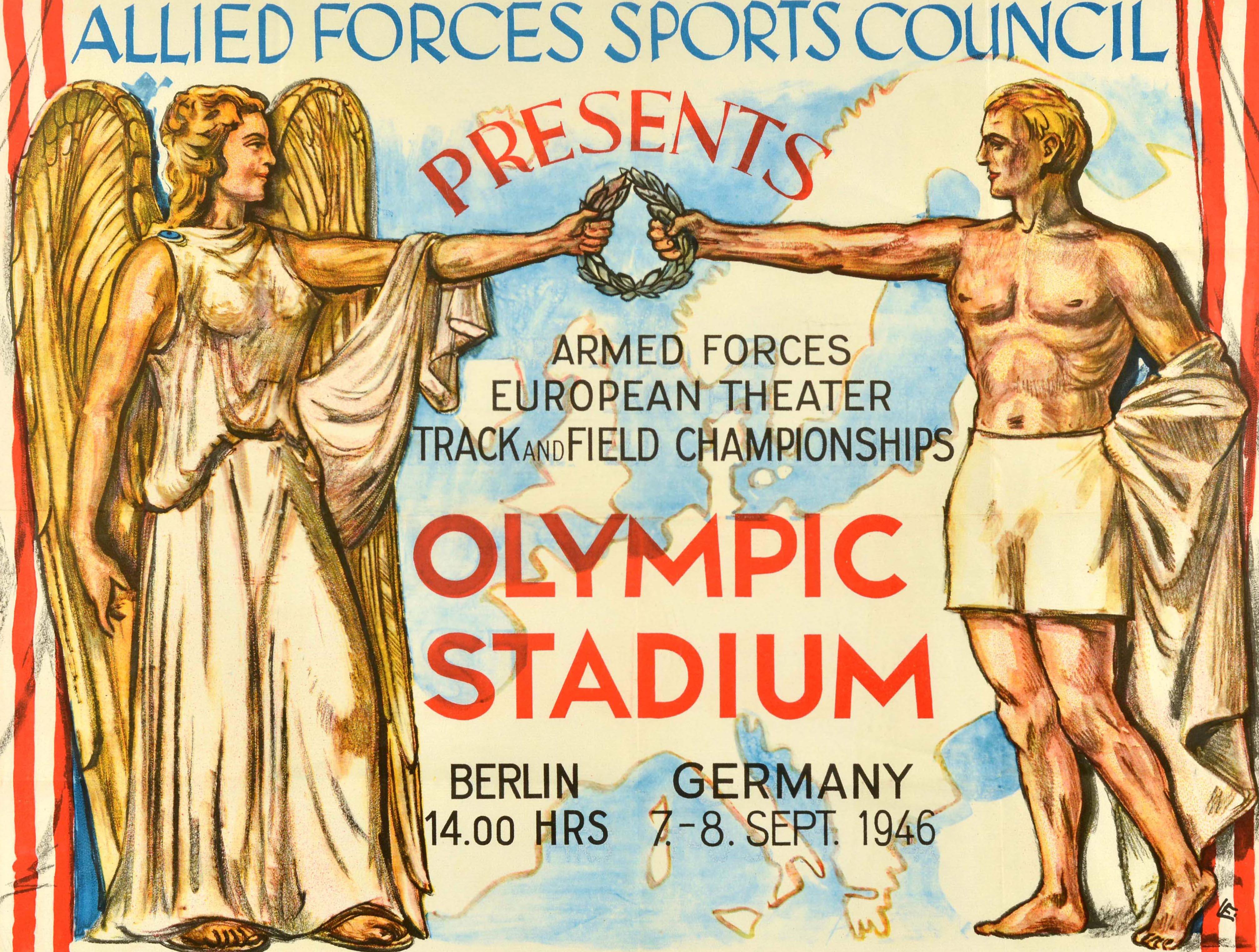 Affiche originale d'époque sur le sport militaire - Allied Forces Sports Council presents Armed Forces European Theater Track and Field Championships Olympic Stadium Berlin Germany - starting at 2pm and held on 7 and 8 September 1946, comportant une