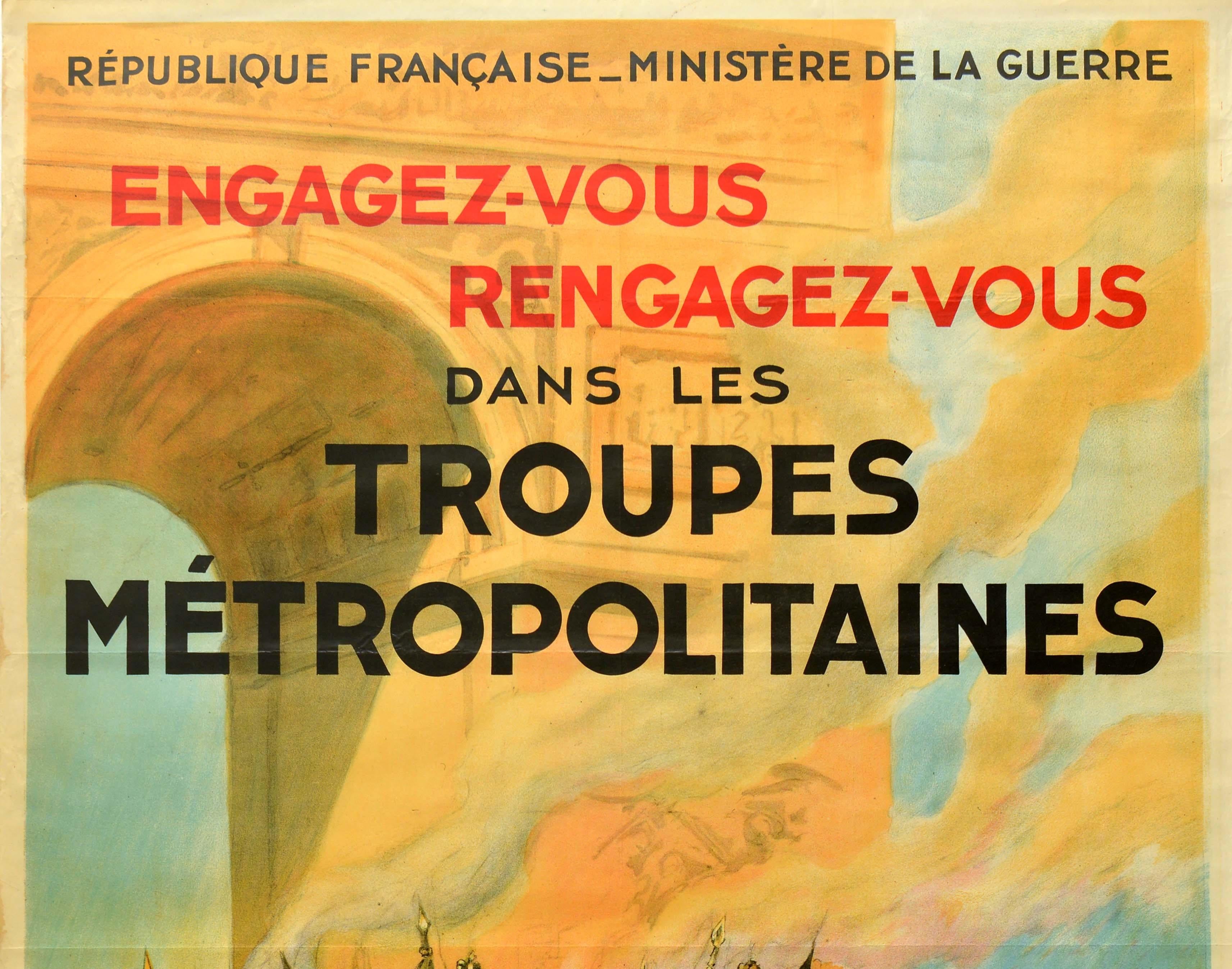 Original vintage military recruitment poster issued by the Ministry of War of the French Republic - Join re-join the Metropolitan Troops / Republique Francaise Ministere de la Guerre Engagez-vous Rengagez-vous dans les Troupes Metropolitaines -