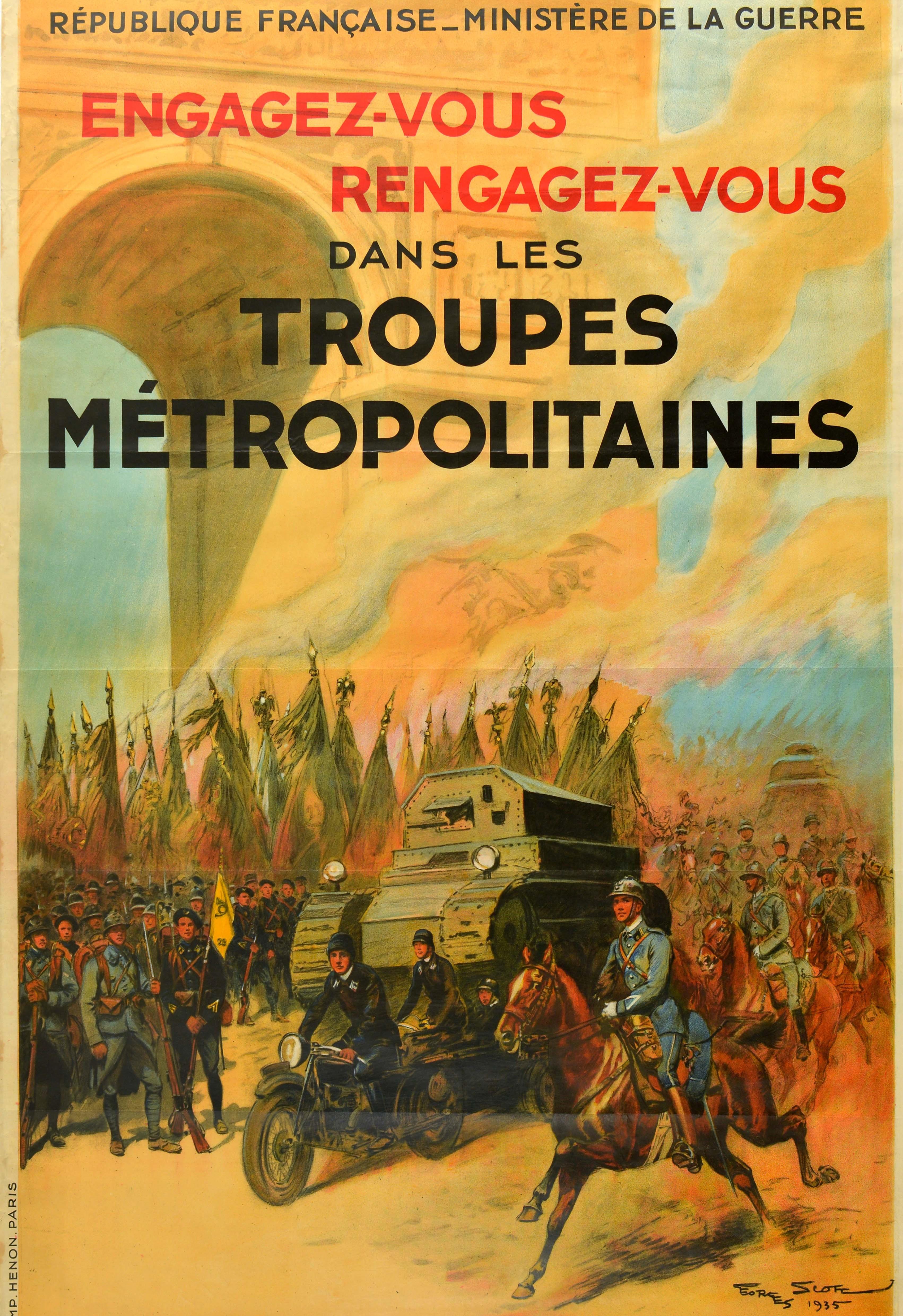 Original Vintage Military Poster Troupes Metropolitaines Cavalry Arc De Triomphe In Good Condition For Sale In London, GB
