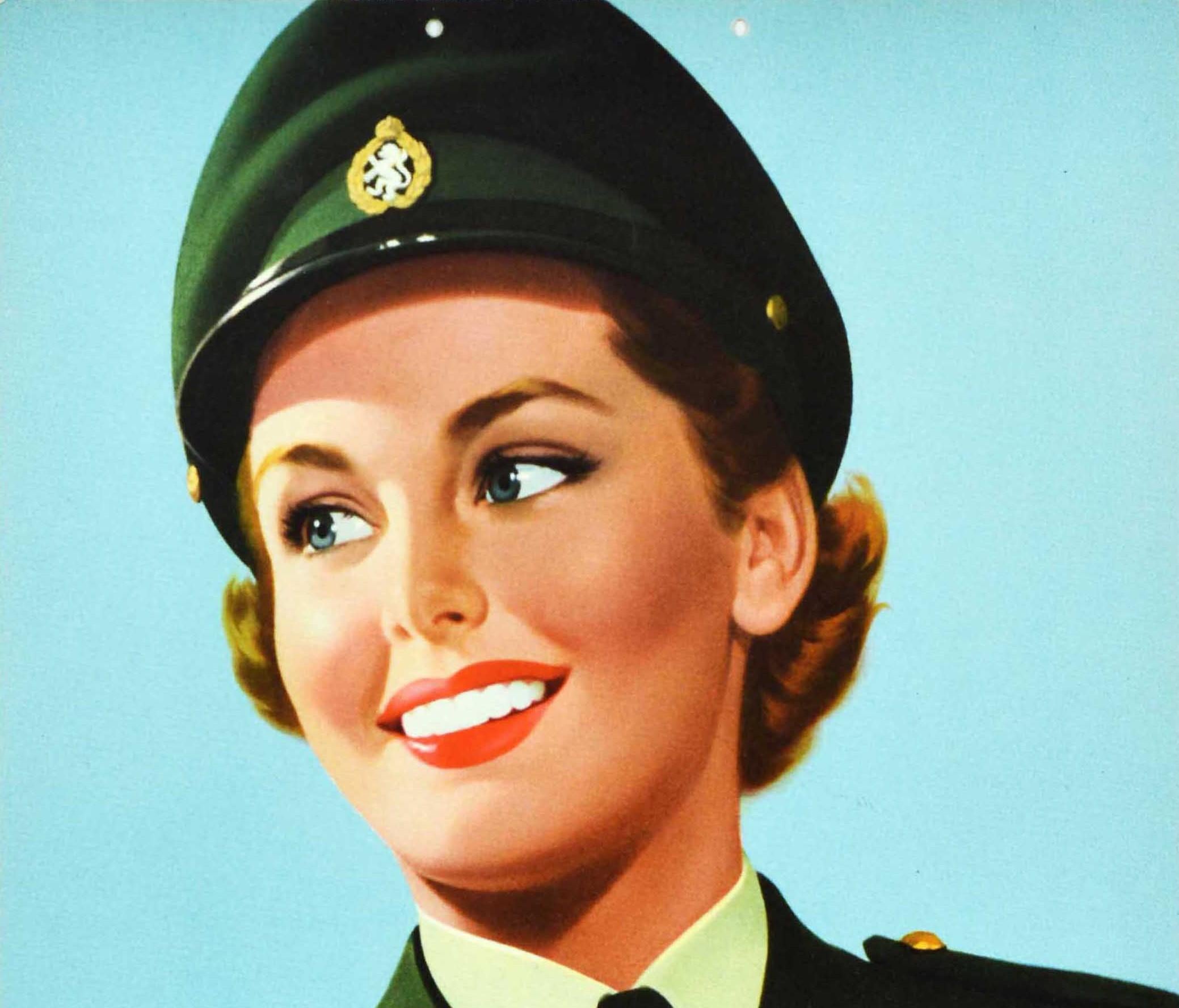 Original vintage British Army military recruitment poster for the Women's Royal Army Corp (1949-1992): WRAC A Fine Career For You featuring a smiling young lady in a green uniform against a pale blue sky background, the title and rest of the text