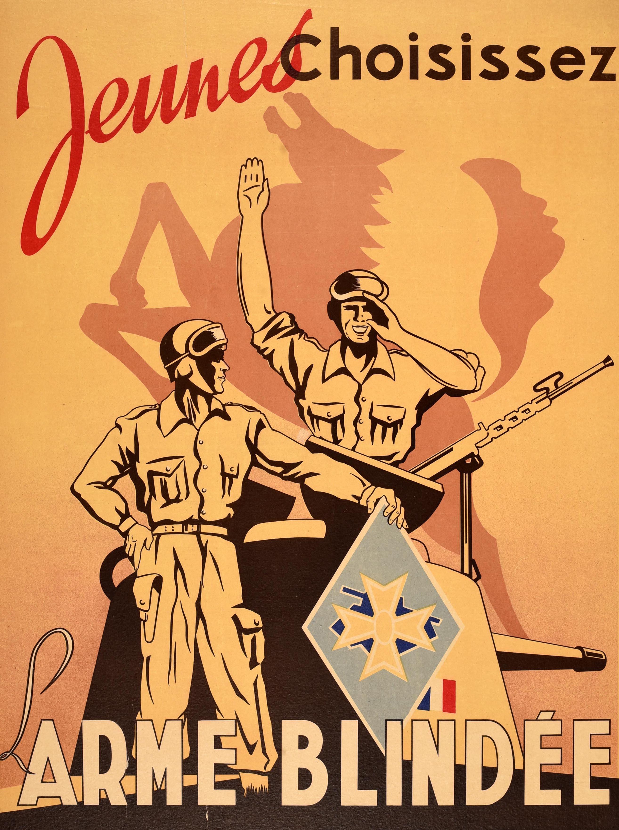 Poster di propaganda militare originale d'epoca - Jeunes Choisissez L'Arme Blindee / I giovani scelgono l'arma corazzata (Divisione) - con due soldati in piedi accanto alla torretta di un carro armato, uno che sorride e saluta l'osservatore e