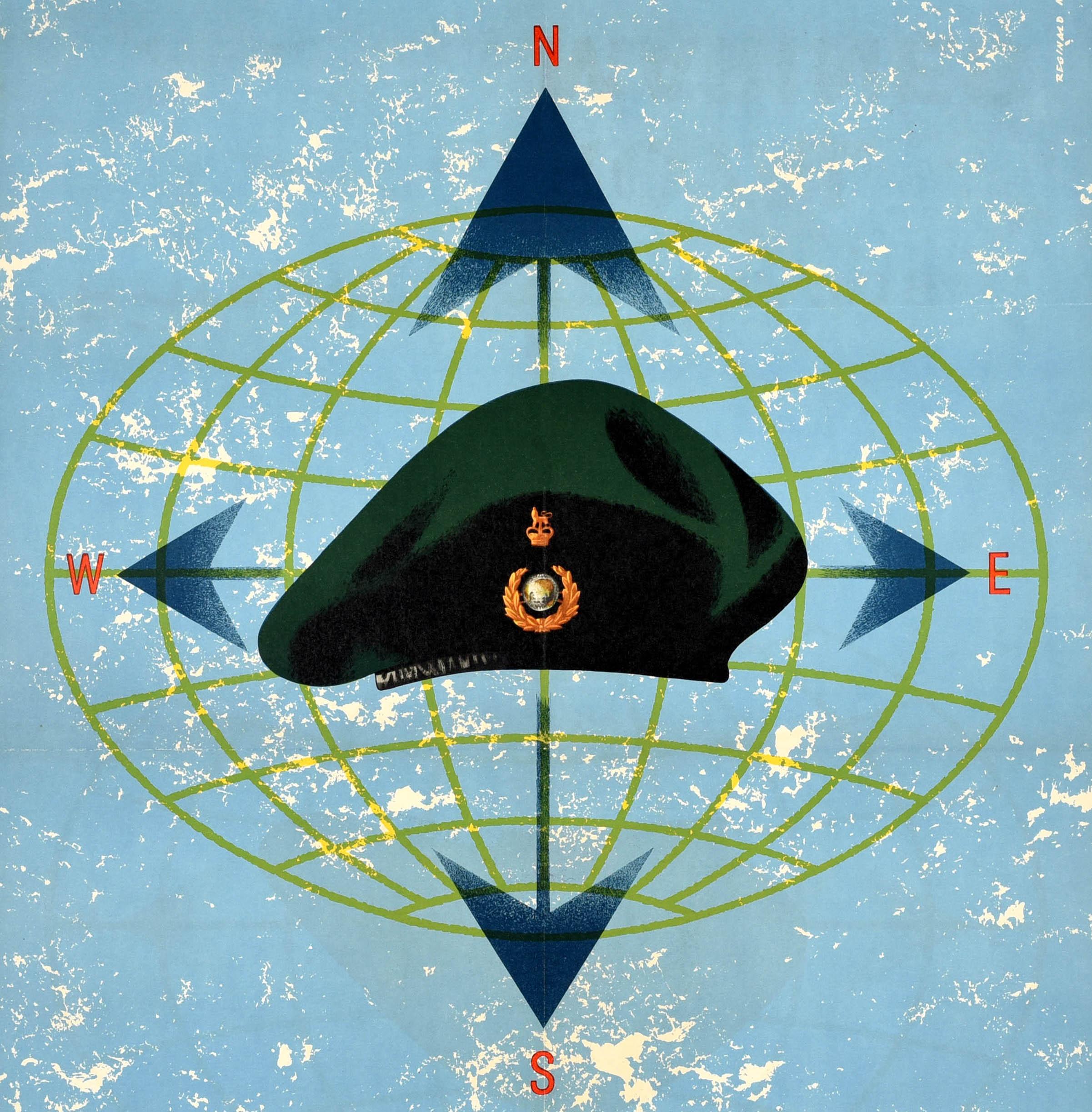 Original vintage military recruitment poster for Britain's Commandos... The Royal Marines featuring artwork by the British poster designer Reginald Mount (1906-1979) depicting a green beret with a royal crown badge on top of a compass and globe