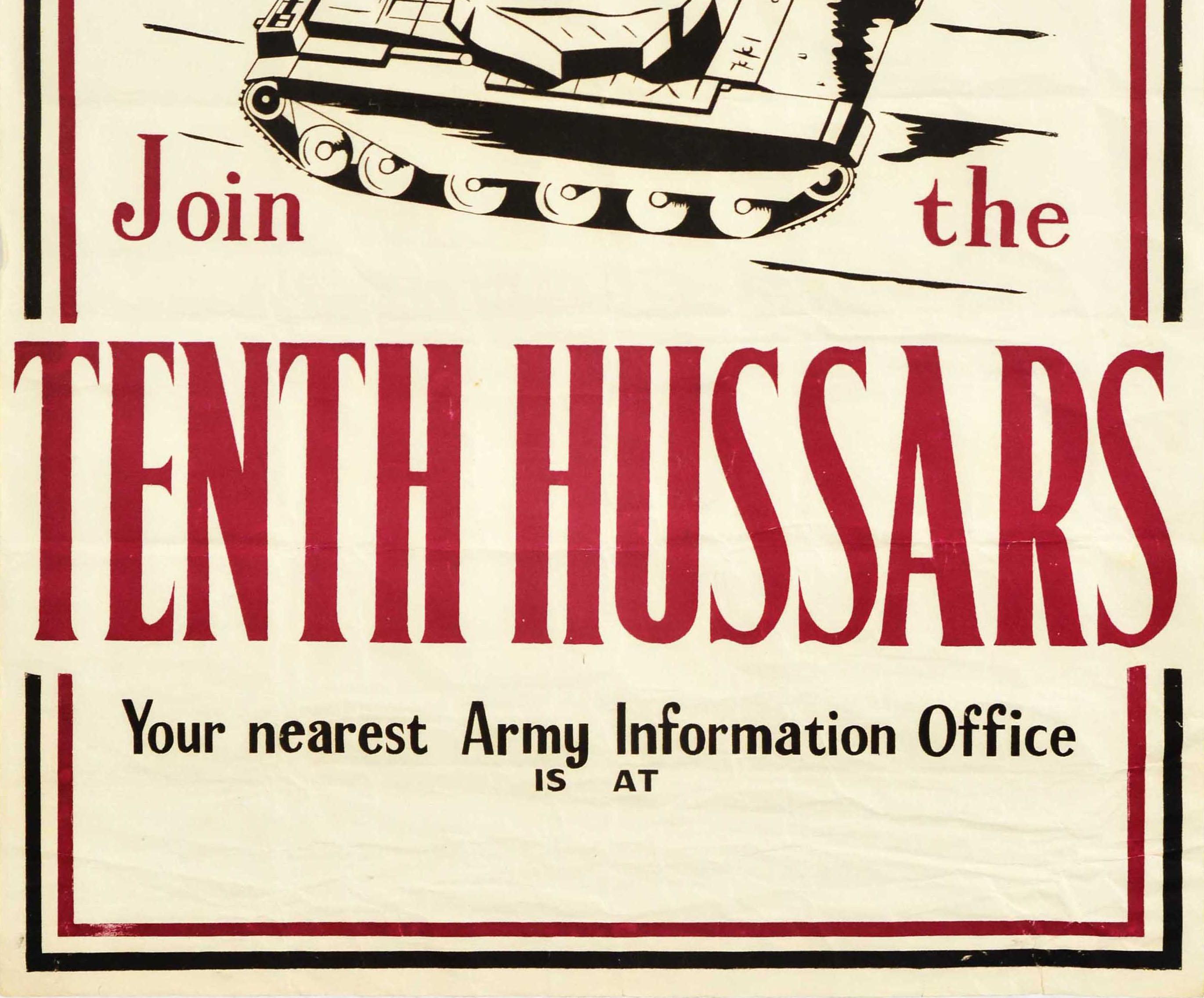 Mid-20th Century Original Vintage Military Recruitment Poster Join The Tenth Hussars British Army For Sale