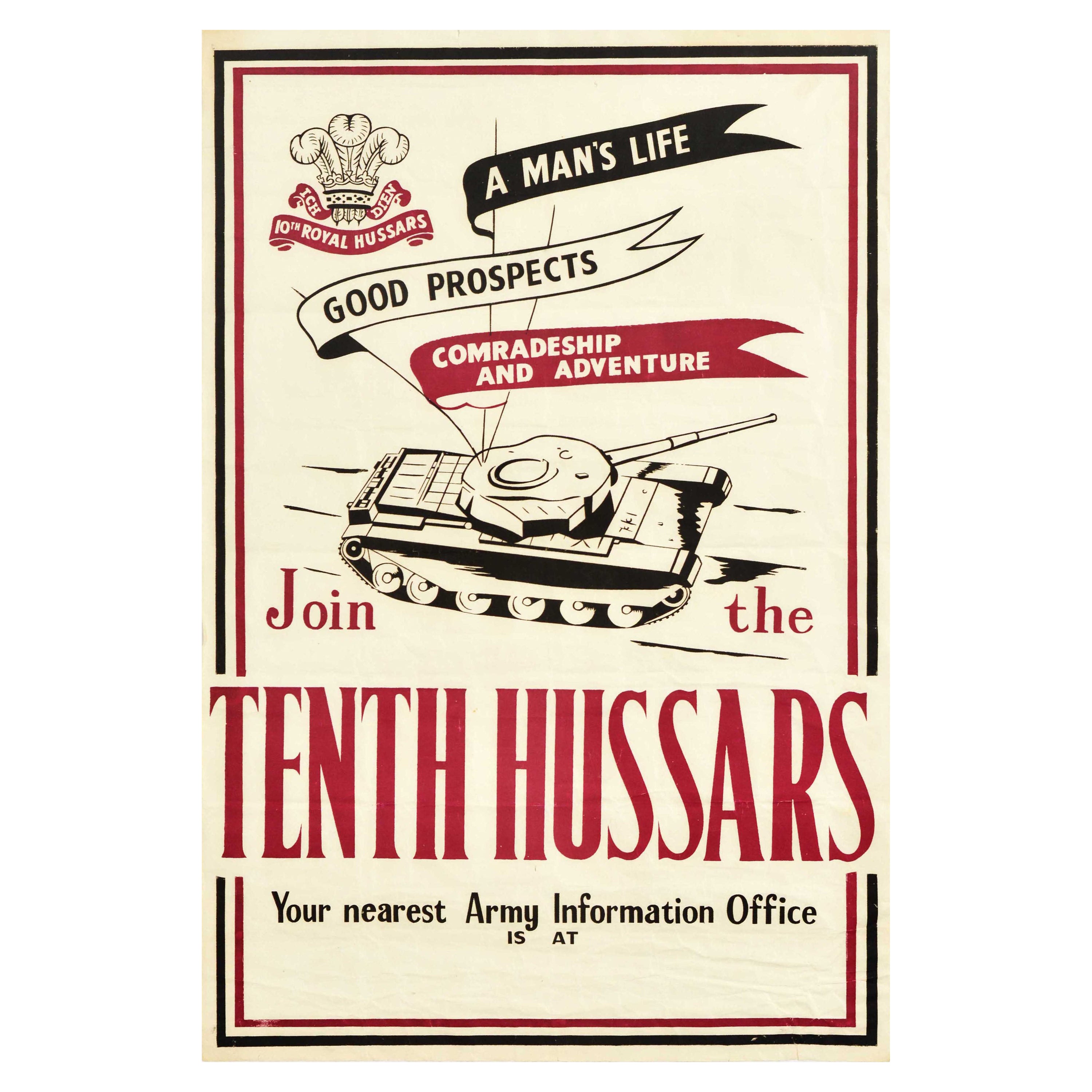Original Vintage-Rekrutierungsplakat „ Join The Tenth Hussars“, Britische Armee