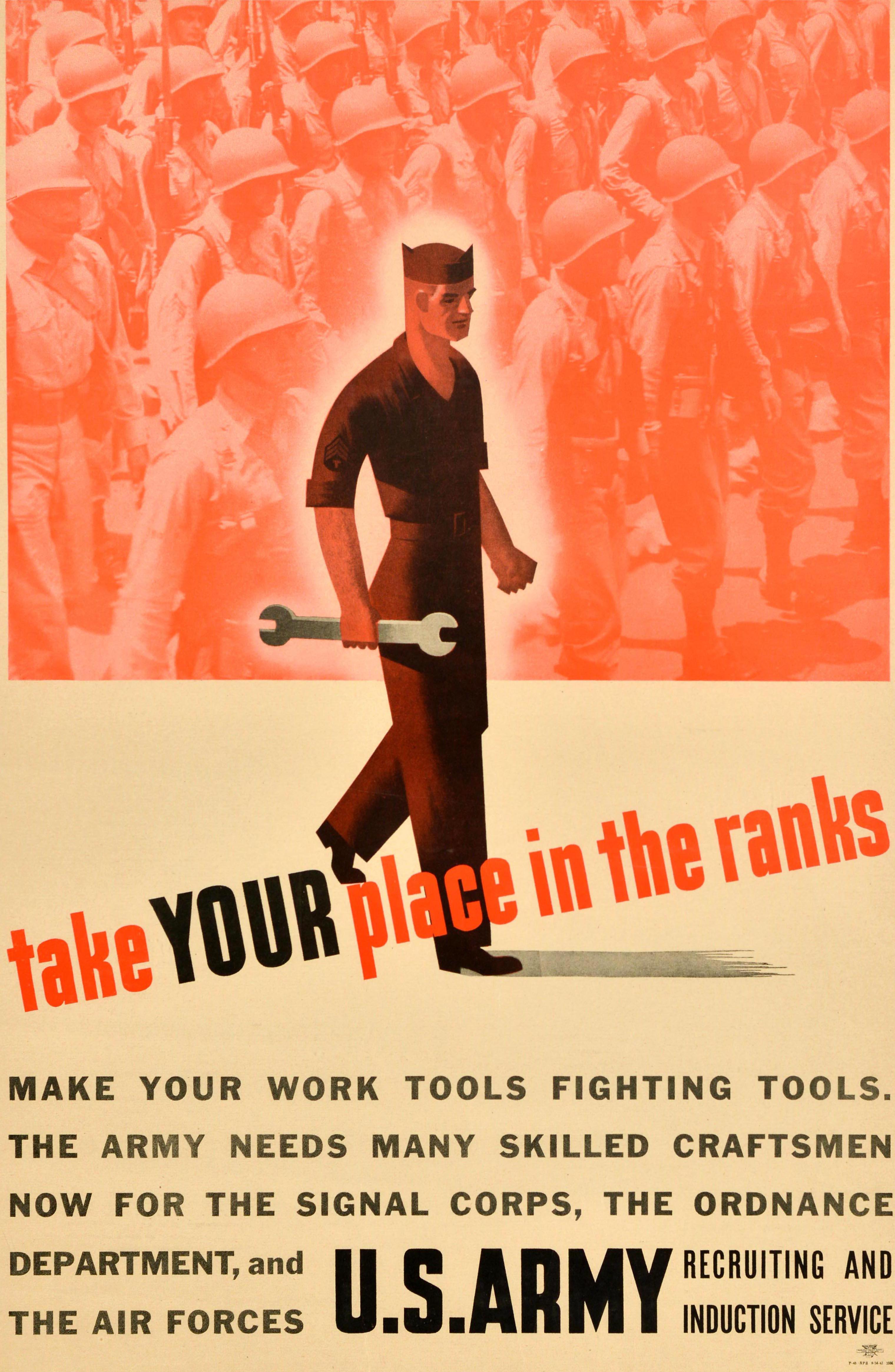 Originales militärisches Rekrutierungsplakat im Vintage-Stil - Nehmen Sie Ihren Platz in den Reihen ein Machen Sie Ihr Arbeitswerkzeug zum Kampfwerkzeug. Die Armee braucht jetzt viele qualifizierte Handwerker für das Signalkorps, das Ordnance
