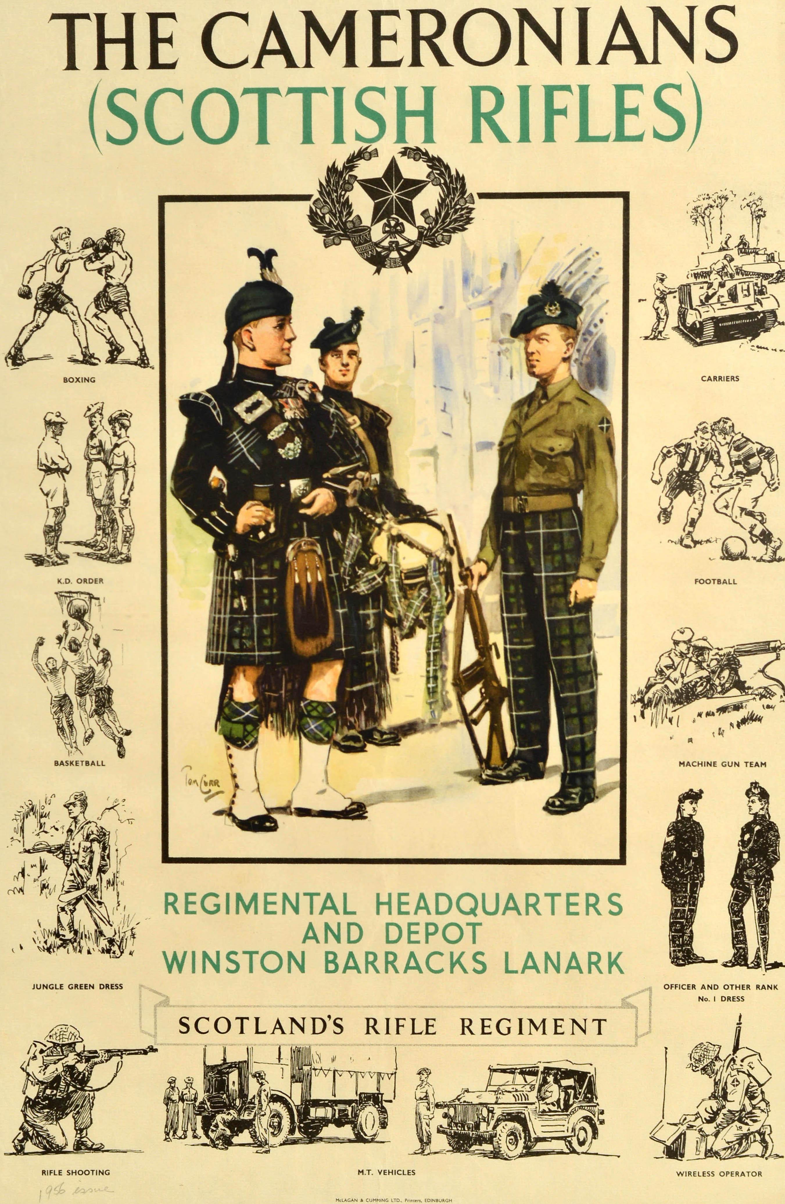 Poster d'epoca originale per il reclutamento dei Cameronians (Scottish Rifles) Regimental Headquarters and Depot Winston Barracks Lanark Scotland's Rifle Regiment con l'immagine di tre soldati in uniforme sotto la stella, la tromba a corde e il