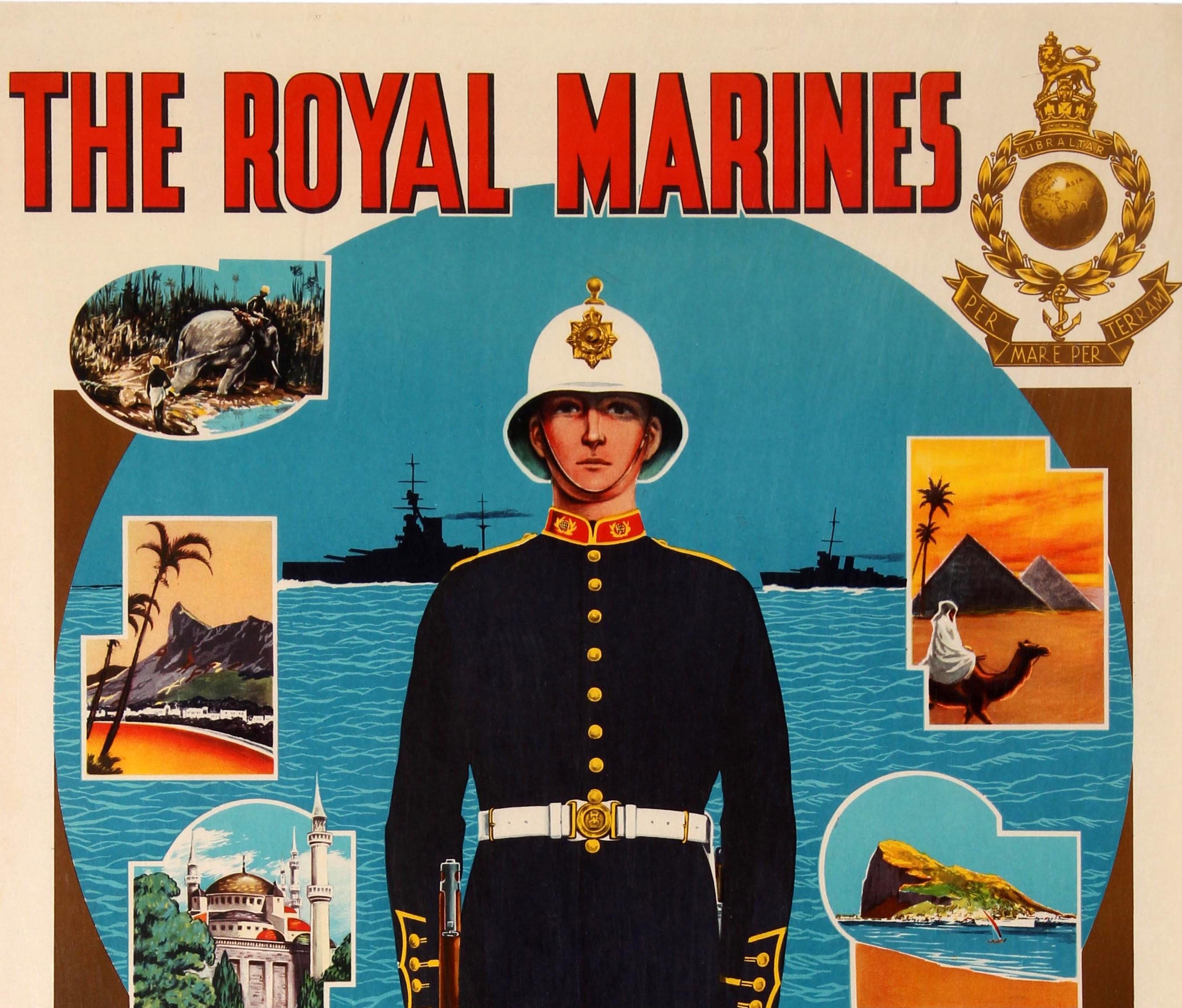 Original vintage military recruitment poster - The Royal Marines Long Service Good Pay Pension Age limits for enlistment 17-23 years Apply to Recruiting Staff Officer Royal Navy & Royal Marines - featuring a colourful illustration showing a soldier