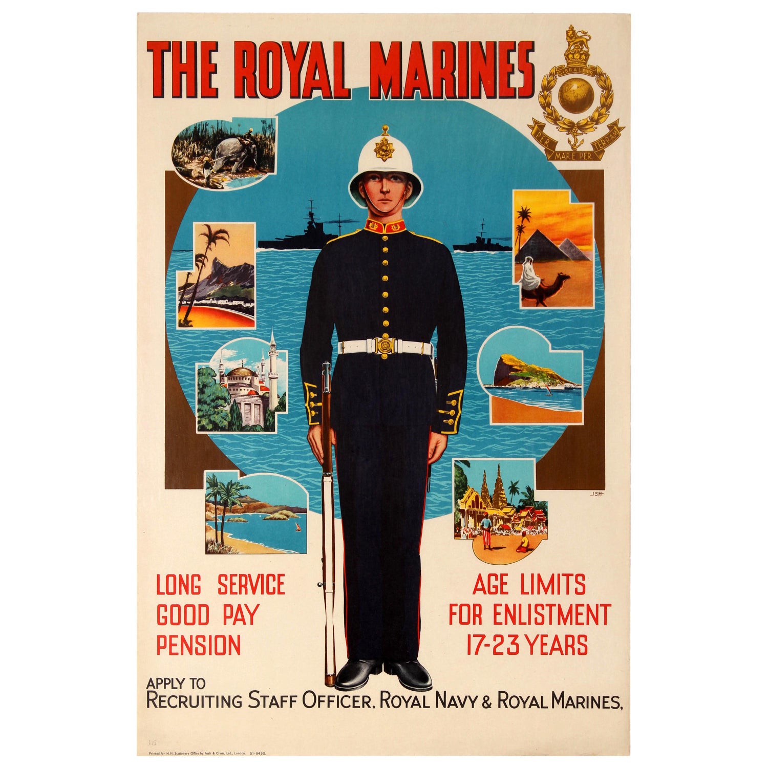 Original Vintage Military Recruitment Poster The Royal Marines By Sea By Land For Sale At 1stdibs